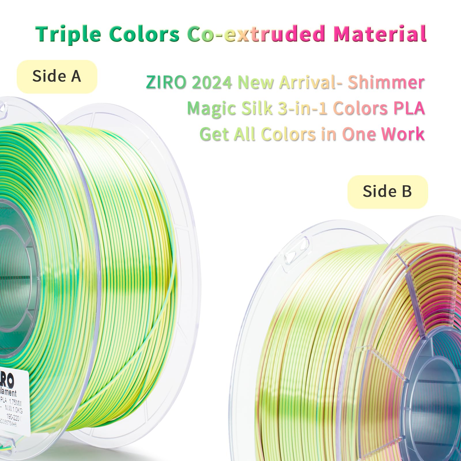 ZIRO Fast Color Change PLA, 1.75mm Color Gradient Filament, Glossy Rainbow PLA Filaments, Fit Most 3D Printer Pen, Shiny Surface 1KG/2.2lbs Spool, Aqua Sky (Silk)