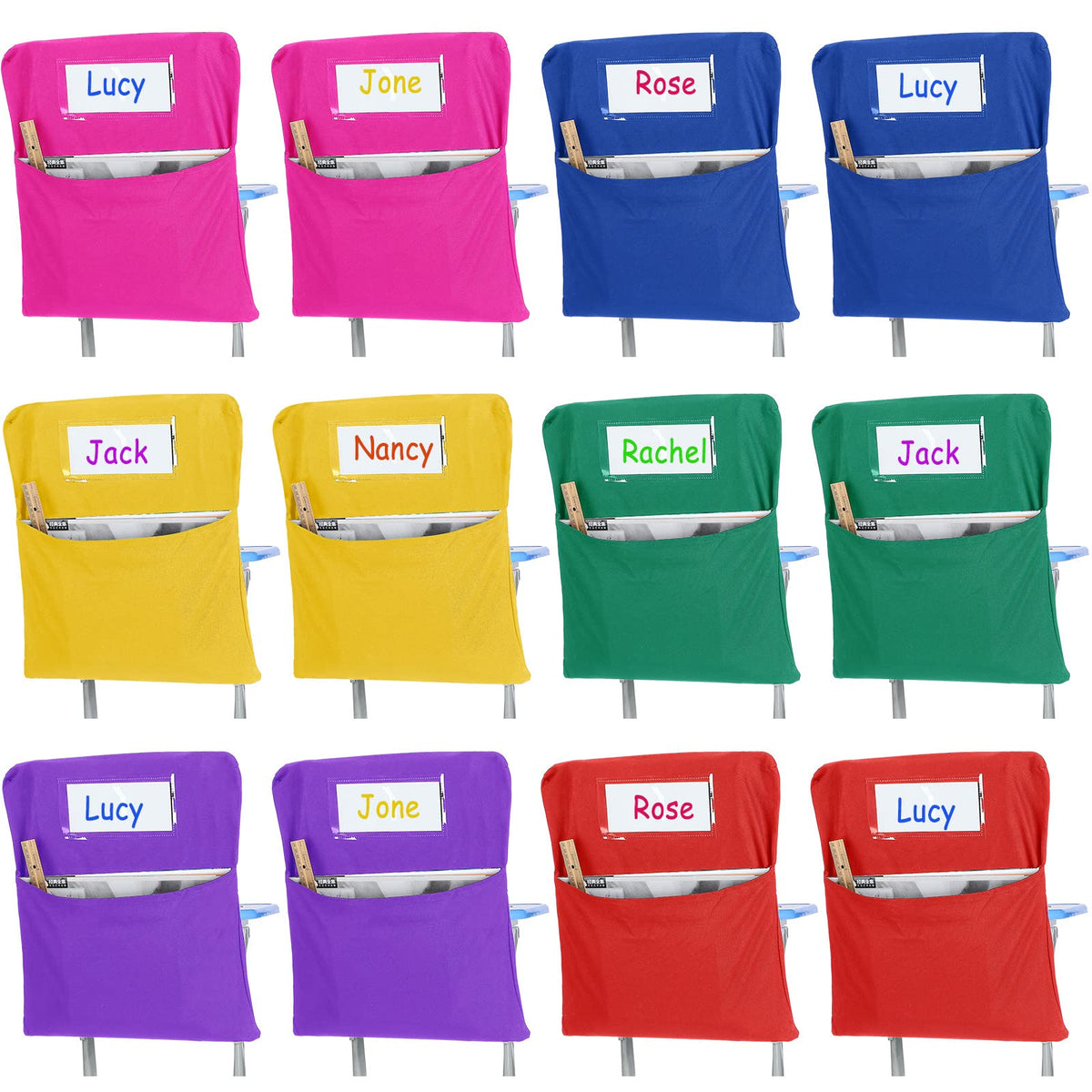 Maitys 24 Pcs Chair Pockets for Classrooms 17 x 20 Inches Student Chair Bag Chairback with Name Tag for Keeping Student Book School Table Organized