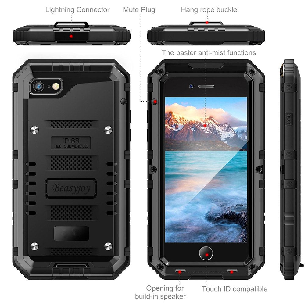 Beasyjoy for iPhone SE 2022/2020/ 8/7 Metal Case, Waterproof Heavy Duty Case with Screen Protector, Full Body Protection Military Grade Shockproof Defender Durable Sturdy Rugged Aluminum Cover, Black