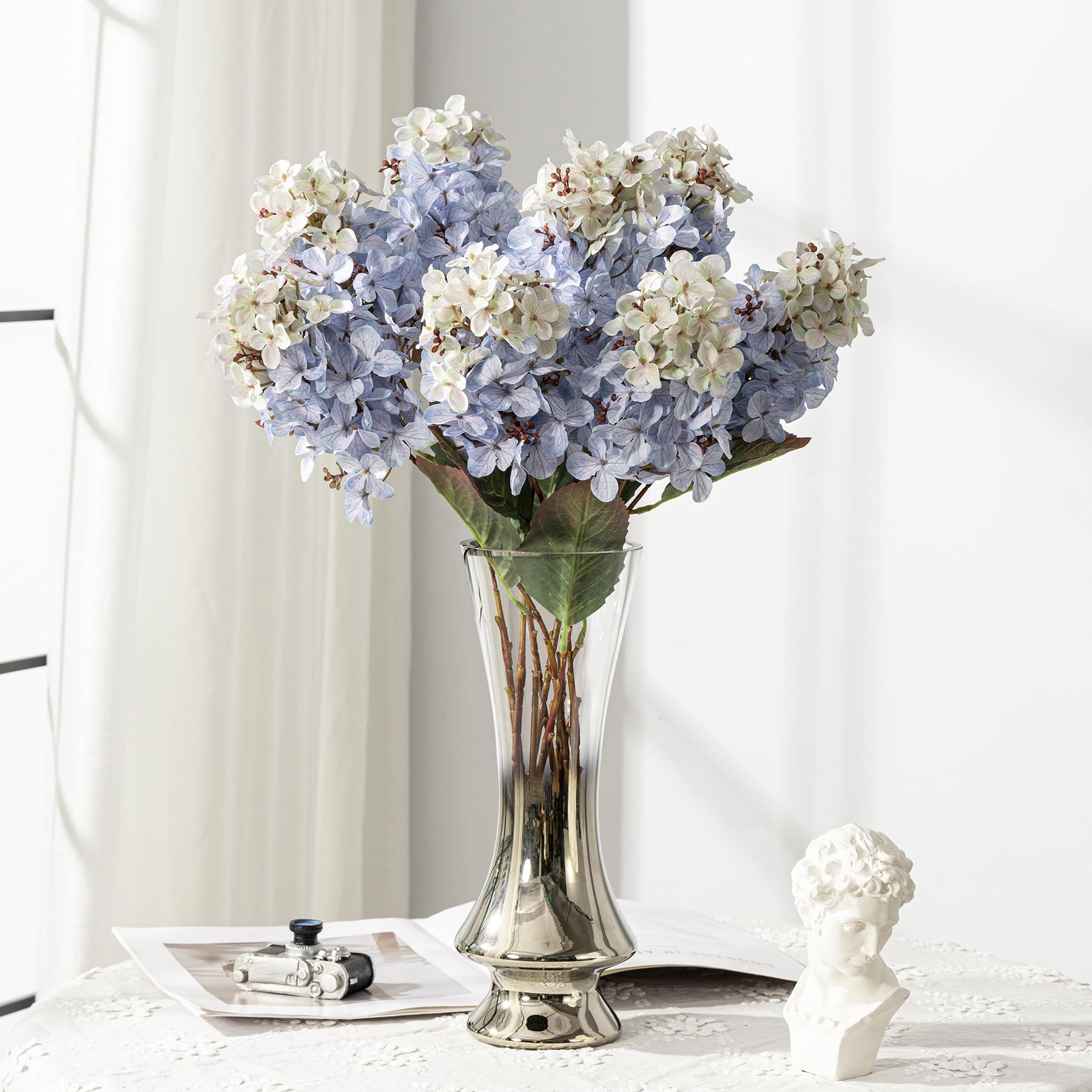 Ttranewsoo Hydrangea Artificial Flowers,Fall Hydrangeas Artificial Flowers,Blue Fake Fall Dried Hydrangea Flowers Decoration,Faux Silk Flower with Stems Winter Decor(Blue 24" 8pcs) Without Vase