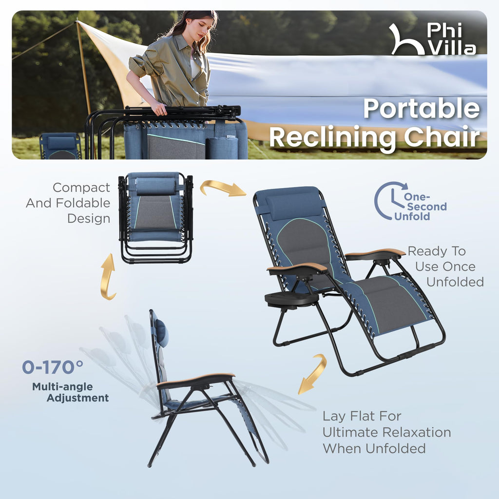 PHI VILLA XXL Oversized Padded Zero Gravity Chair Set of 2, Foldable Patio Recliner, 30" Wide Seat Anti Gravity Lounger with Armrest and Cup Holder, Support 400 LBS (Aqua Blue)