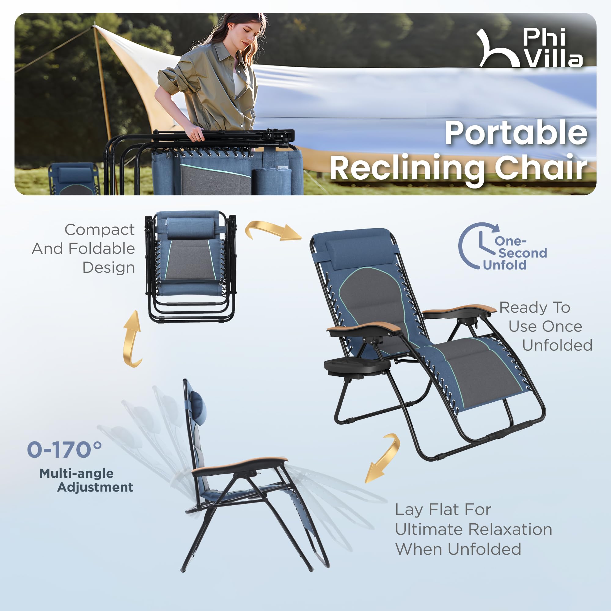 PHI VILLA XXL Oversized Padded Zero Gravity Chair Set of 2, Foldable Patio Recliner, 30" Wide Seat Anti Gravity Lounger with Armrest and Cup Holder, Support 400 LBS (Aqua Blue)