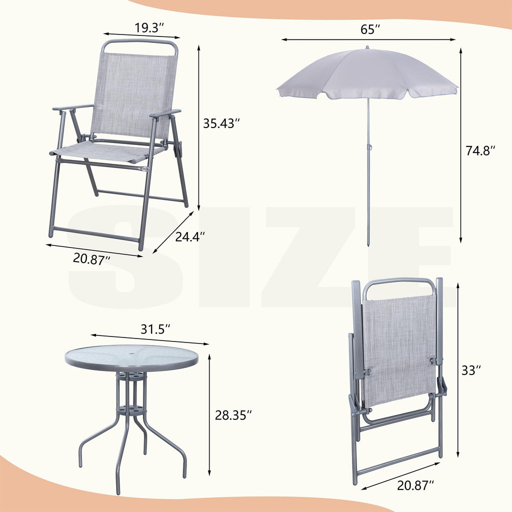 Vongrasig 6 Piece Folding Patio Dining Set,Small Metal Outdoor Garden Patio Table and Chair Set w/Umbrella for Lawn,Deck,Backyard,Black