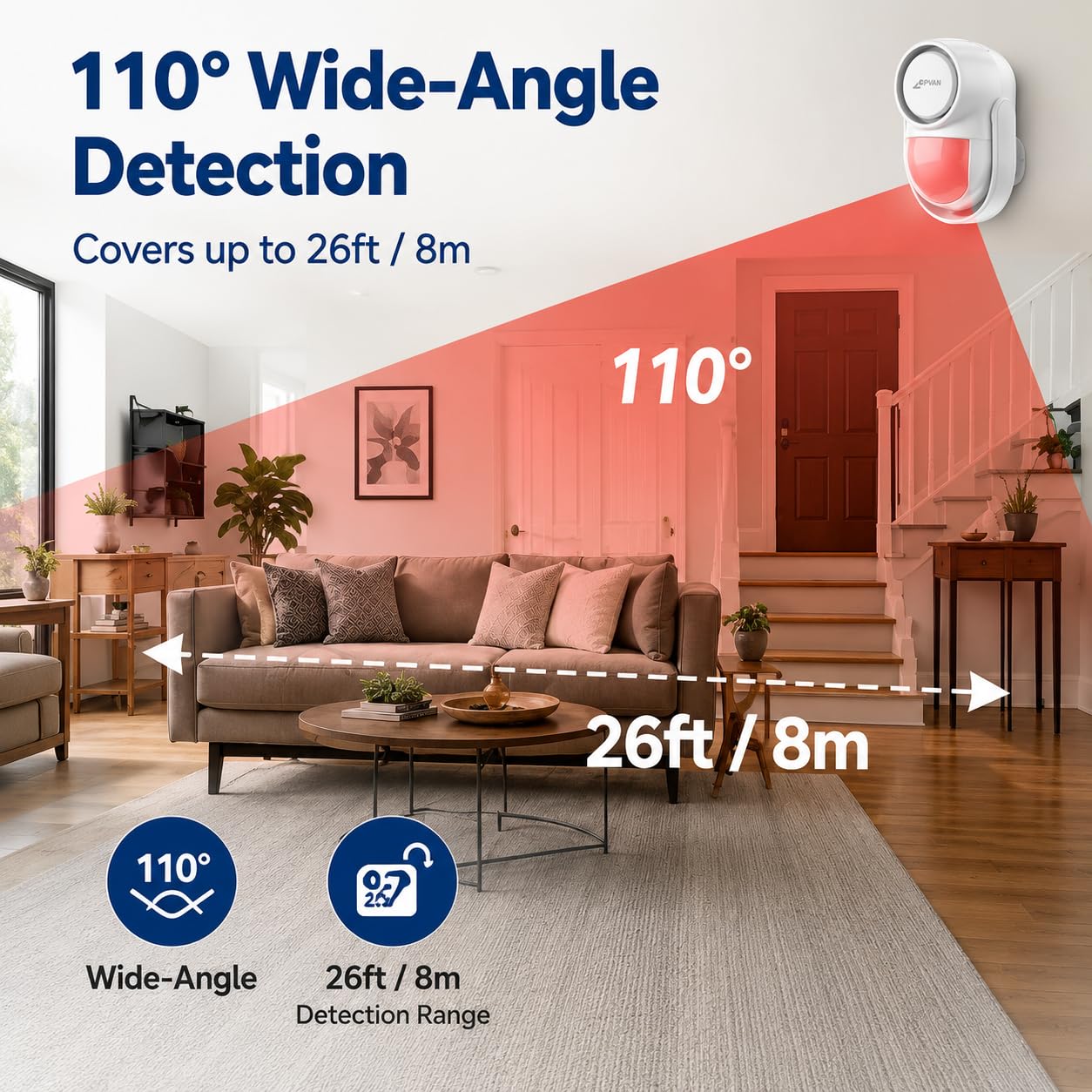 CPVAN WiFi Motion Sensor Alarm, 125dB Smart PIR Motion Detector with Phone App Alerts, Wireless Indoor Home Security Alarm System with Remote, 2.4GHz WiFi, Black