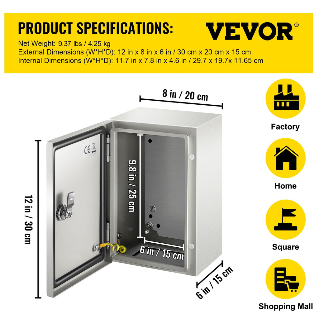 VEVOR NEMA Steel Enclosure, 8" x 8" x 6" NEMA 4X Steel Electrical Box, IP66 Waterproof & Dustproof, Outdoor/Indoor Electrical Junction Box, with Mounting Plate