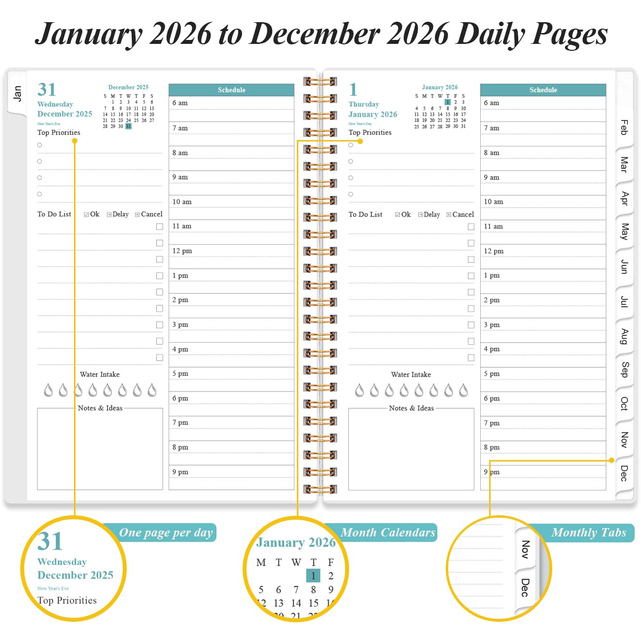 2026-2027 Daily & Monthly Planner - One Page Per Day, Daily Planner from July 2026 to June 2027, Planner 2026-2027 with 12 Monthly Tabs, 6.4" x 8.5", Black