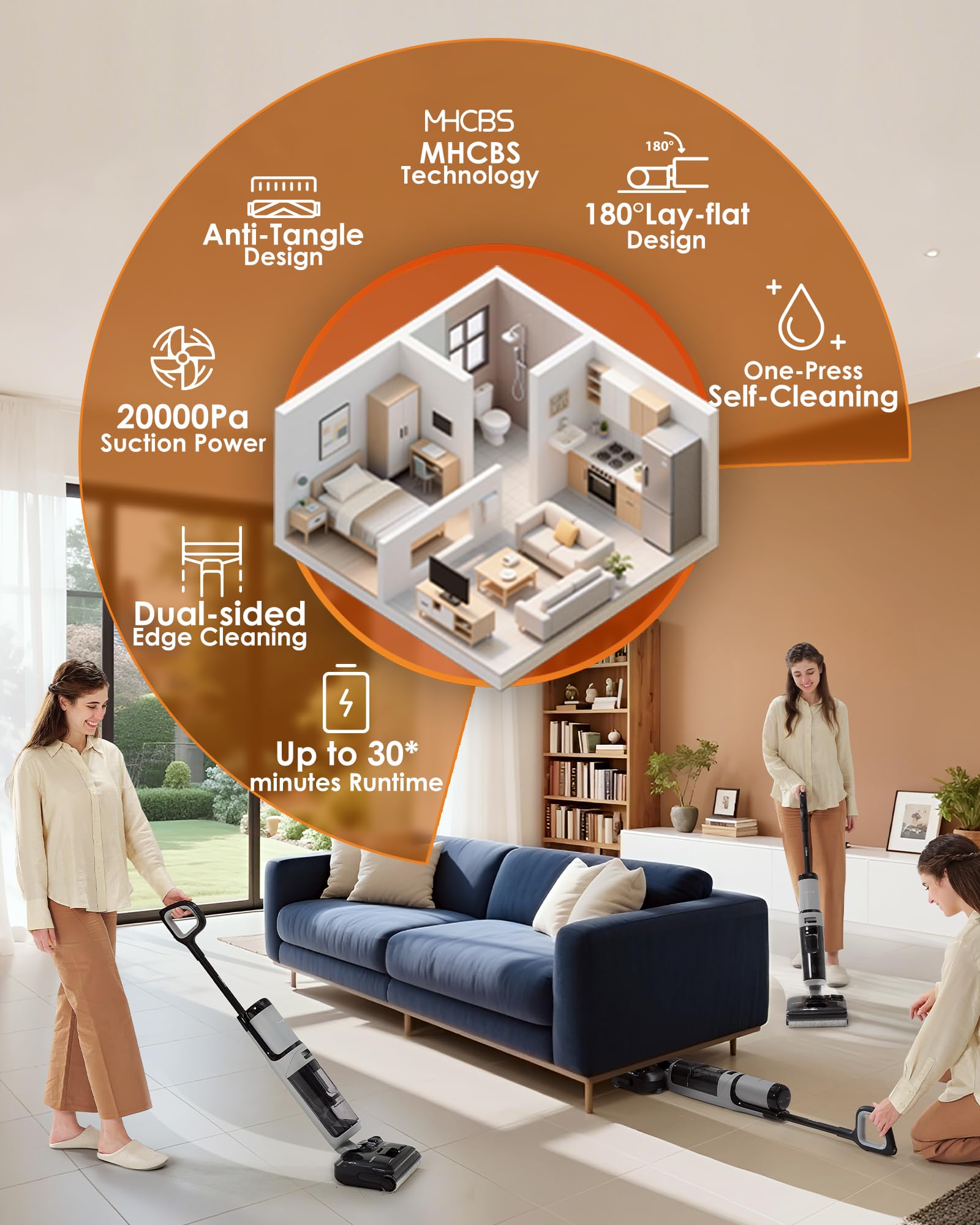 Tineco Floor ONE i5 Stretch Wet Dry Vacuum Cleaner, Vacuum & Mop in One Step, 20kpa Powerful Suction, 180° Lay-Flat Design, Anti-Tangle Design, Dual-Sided Edge Cleaning, Up to 30* Minutes Runtime