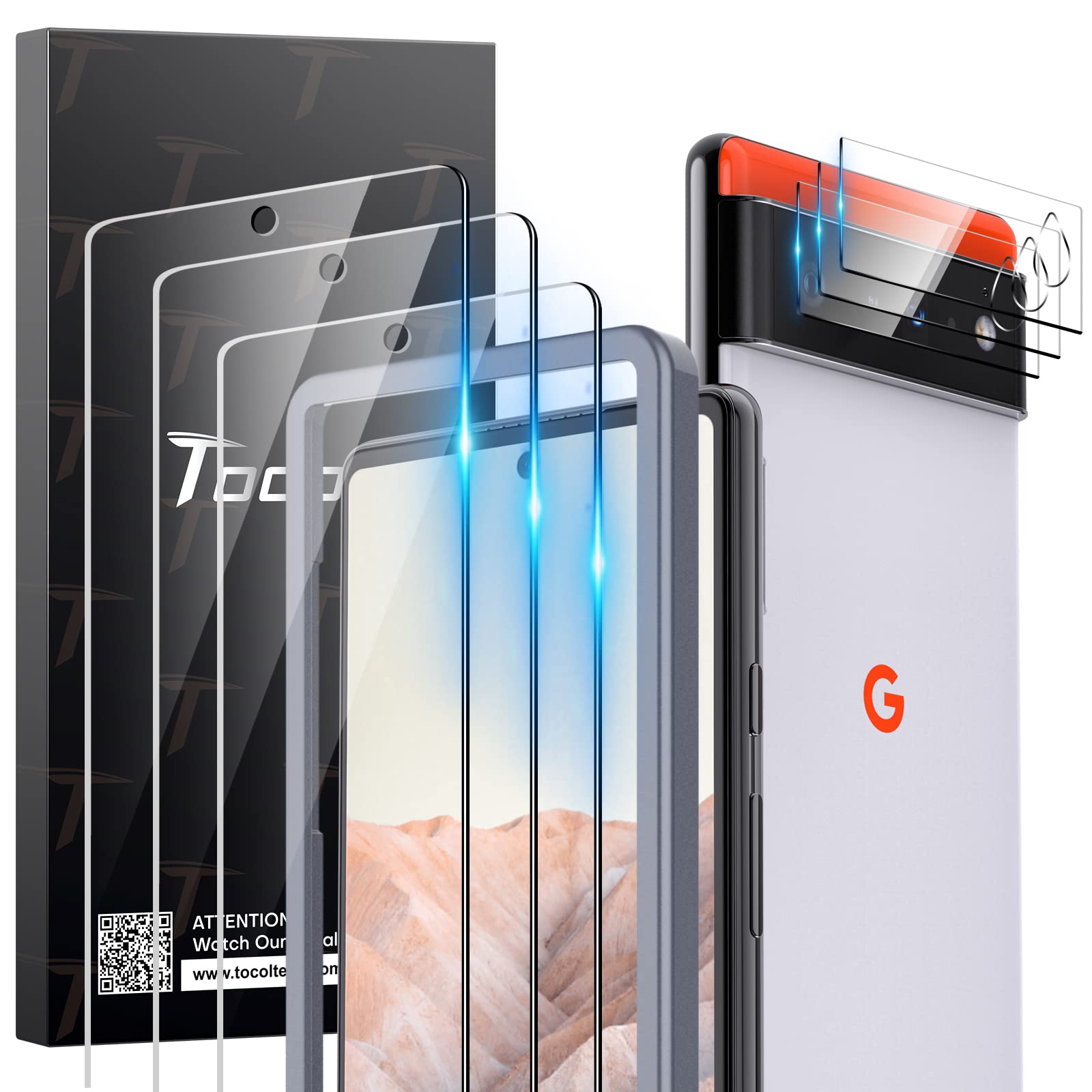 TOCOL [3 Pack] Compatible for Google Pixel 6 5G 6.4'' Tempered Glass Screen Protector & Glass Camera Lens Protector, Case Friendly, Anti-Scratch [Alignment Tool] [Fingerprint Unlock]