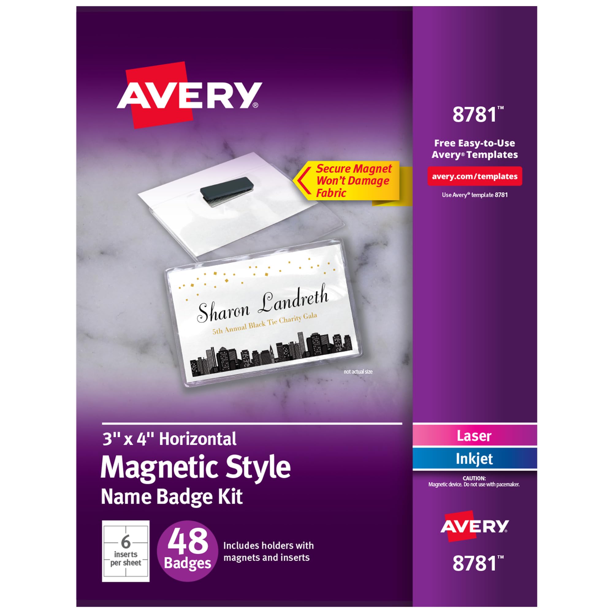 Avery Customizable Name Badges, Magnet Style, 3" x 4", Clear Name Tag Holders, White Laser/Inkjet Printable Inserts, 24 Total (8780)