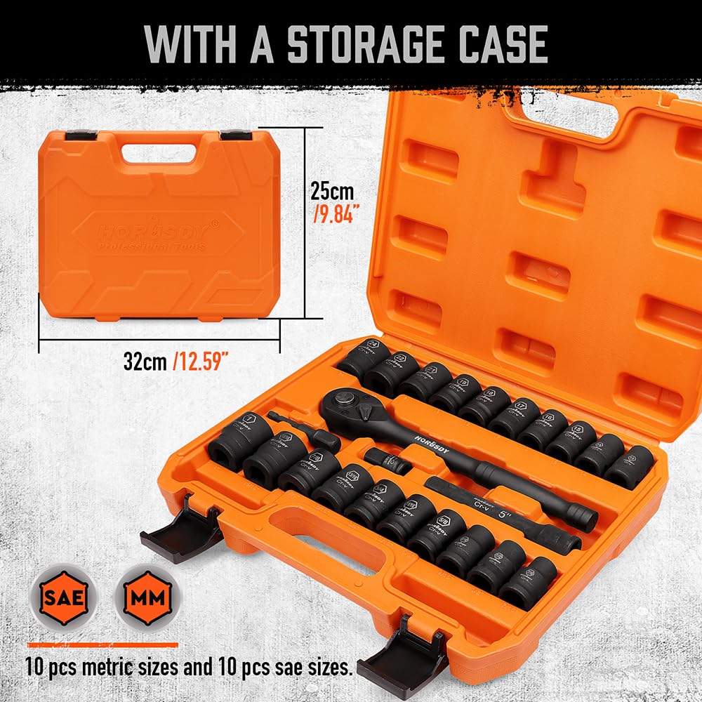 HORUSDY 1/2" Drive Shallow Impact Socket Set, 24-Piece SAE (7/16"-1") and Metric (13-24mm), 6 Point, Cr-V, Includes 1/2-Inch Drive Ratchet Handle, Drive Extension Bar