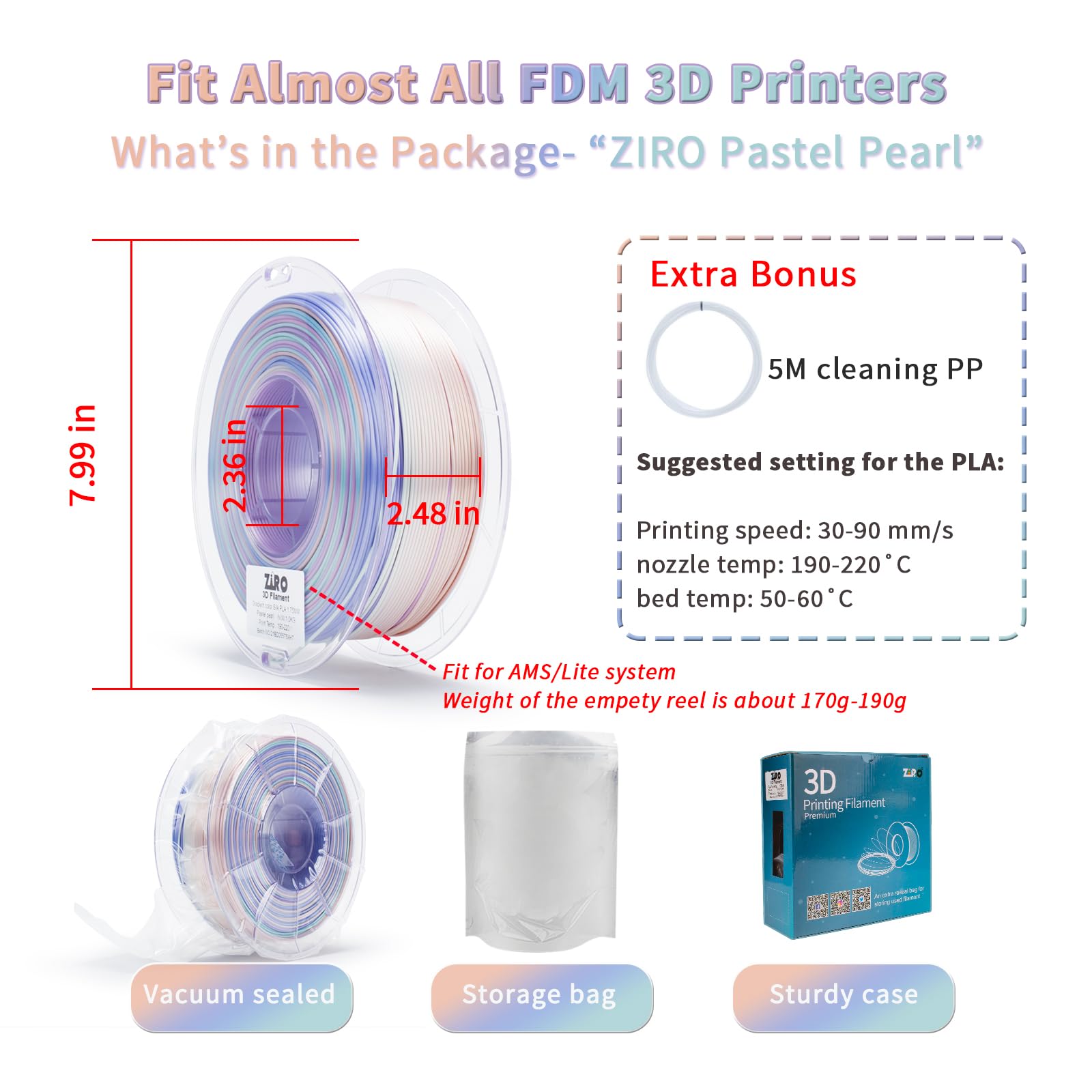 ZIRO Fast Color Change PLA, 1.75mm Color Gradient Filament, Glossy Rainbow PLA Filaments, Fit Most 3D Printer Pen, Shiny Surface 1KG/2.2lbs Spool, Aqua Sky (Silk)