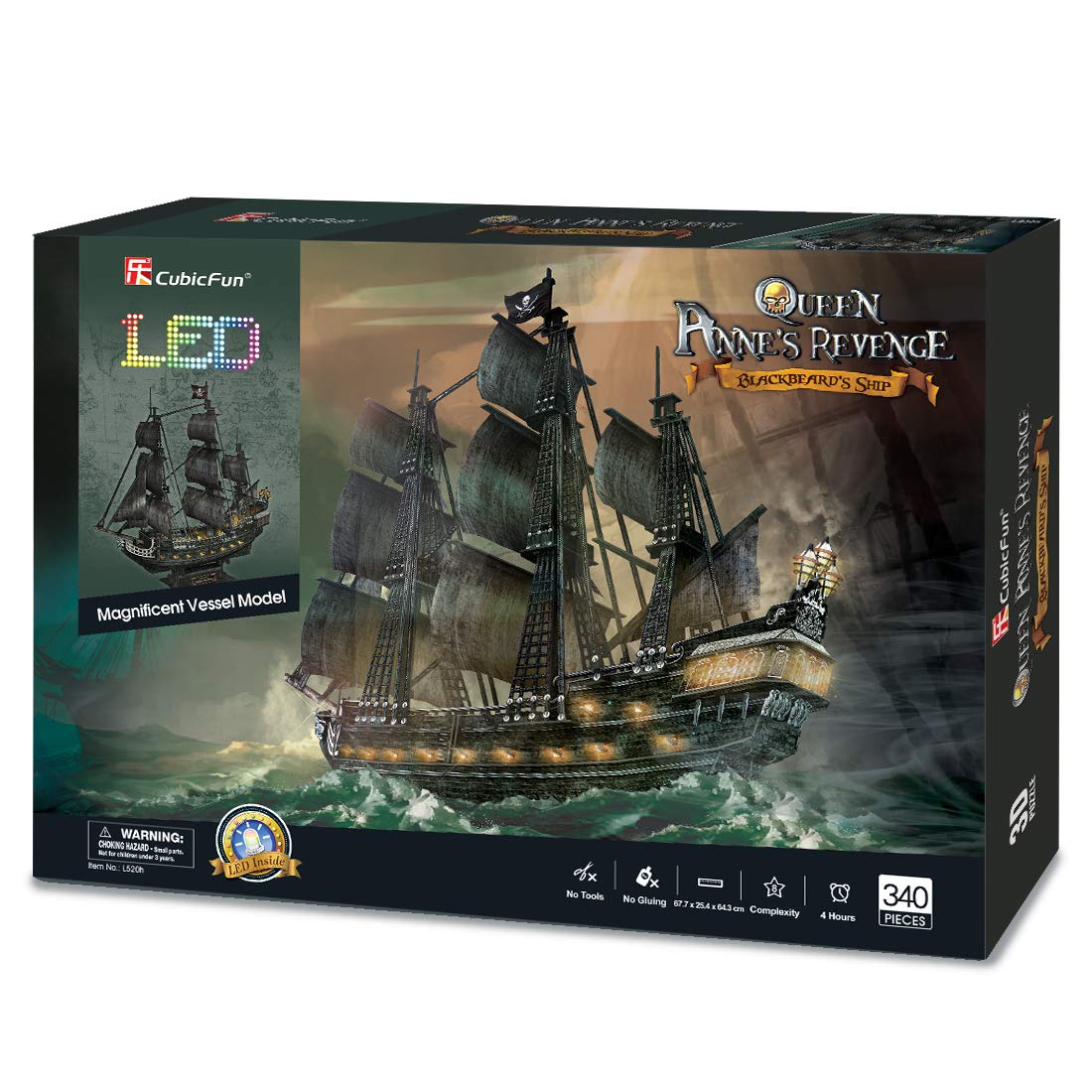 CubicFun 3D Puzzles for Adults - Led Pirate Ship Queen Anne's Revenge - Large 27'' Sailboat Puzzles - Desk Decor, Anniversary Teacher Appreciation Gifts High School Graduation Gifts