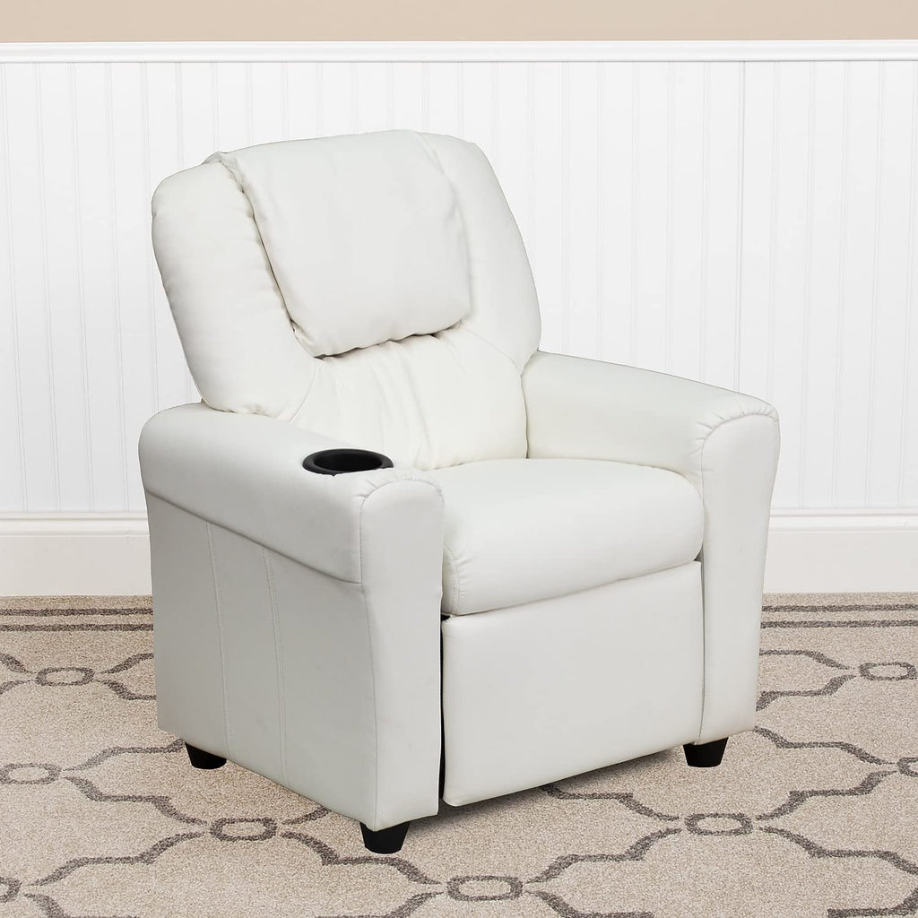 Flash Furniture Vana Vinyl Kids Recliner with Cup Holder, Headrest, and Safety Recline, Contemporary Reclining Chair for Kids, Supports up to 90 lbs., Beige