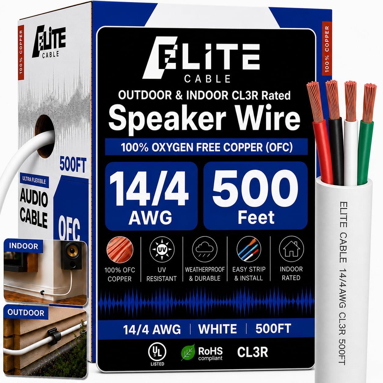 Elite 12/2 Speaker Wire 100ft, UL Listed, CMR/CL3R, (Riser/in-Wall & Outdoor/In-Ground (Direct Burial)- 100% Oxygen Free Pure Bare Copper (OFC), 12AWG/2-Conductor, 100ft Bulk Cable (65 Strands) Black