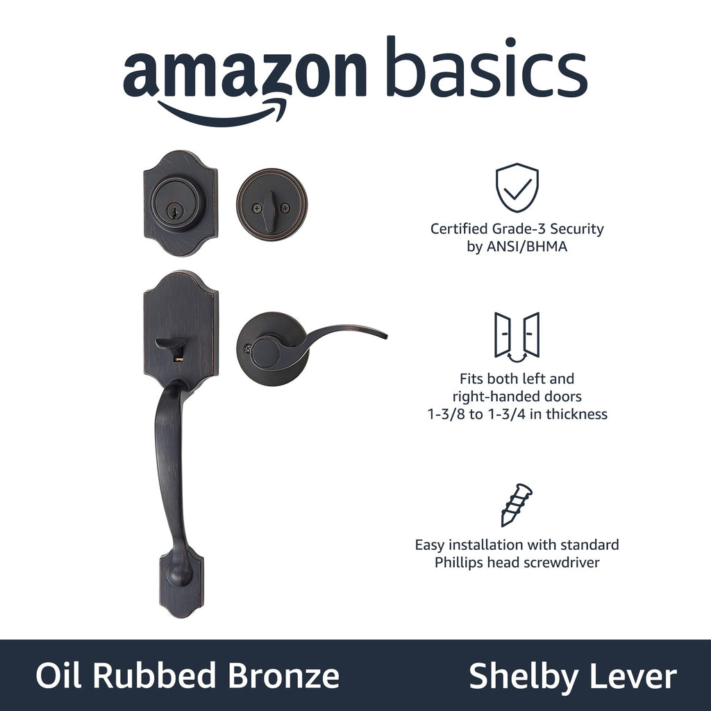 Amazon Basics Front Door Lock Set, Handleset with Shelby Lever, Single Cylinder, Easy to Install, Oil Bronze, Grade-3 Security