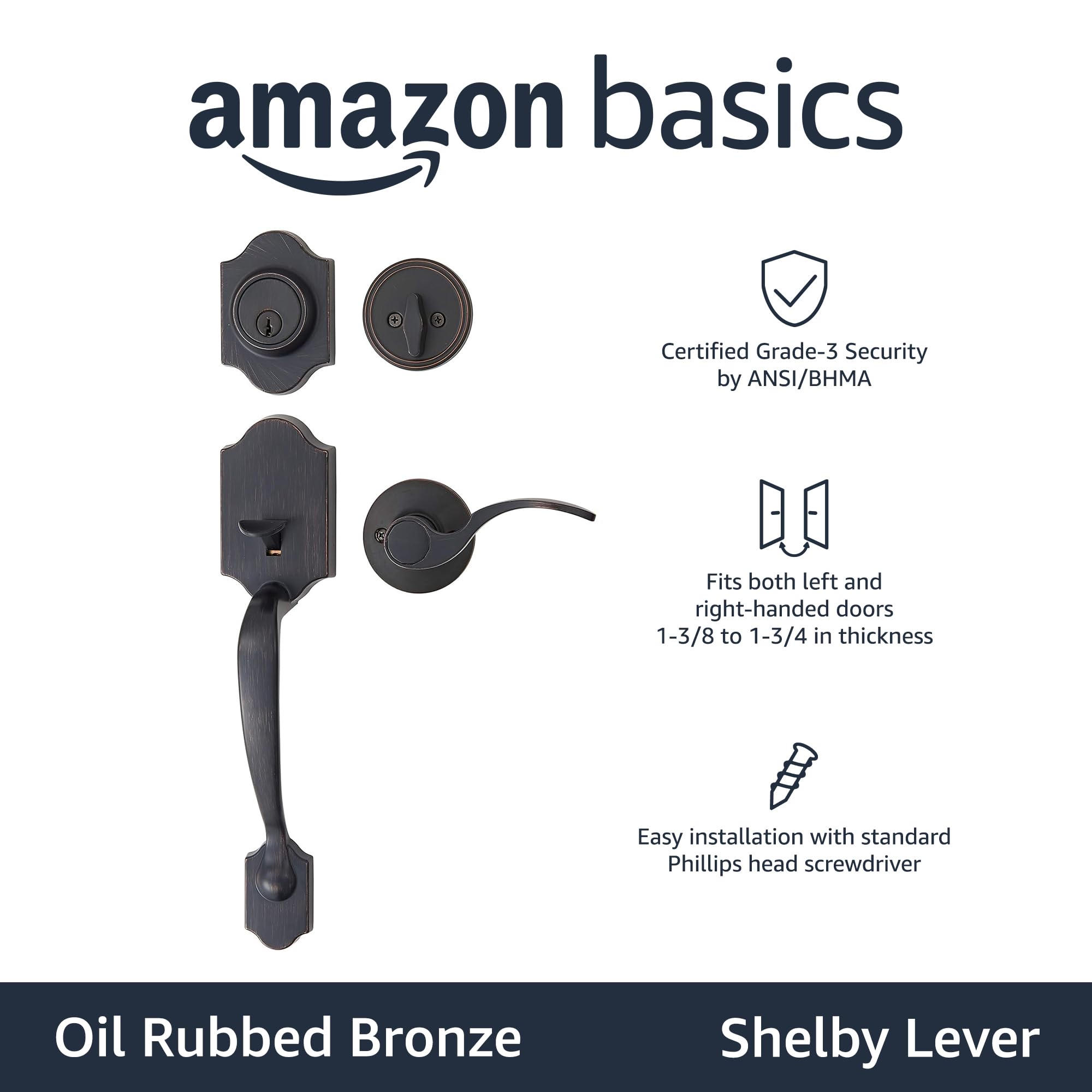 Amazon Basics Front Door Lock Set, Handleset with Shelby Lever, Single Cylinder, Easy to Install, Oil Bronze, Grade-3 Security