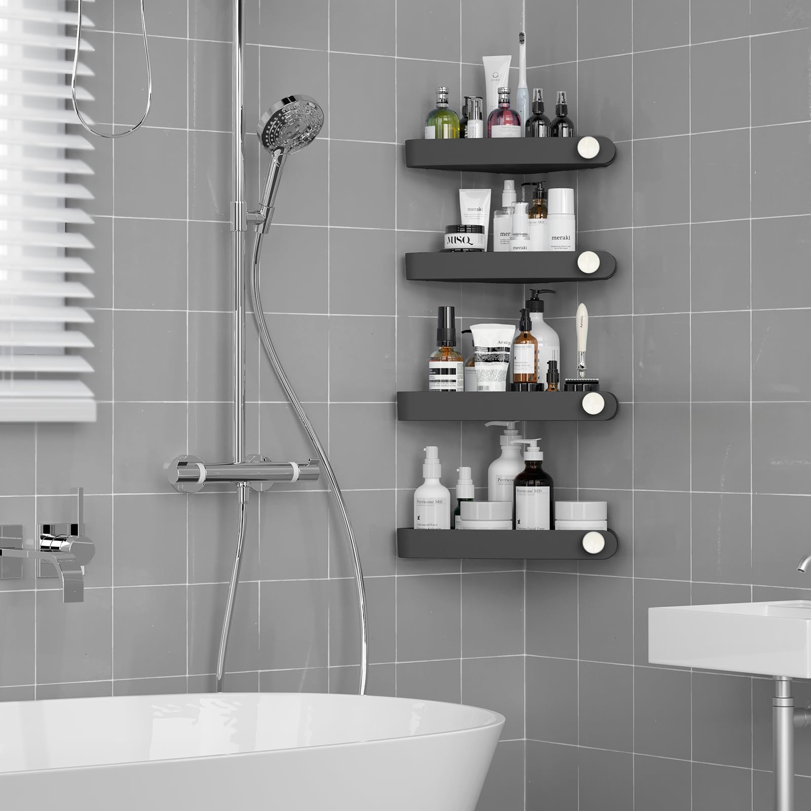 Sotfamily Plastic Shower Caddy Corner (for 90° Only), 2 Pack Adhesive Corner Shower Shelves for Bathroom Organizers and Storage, Black