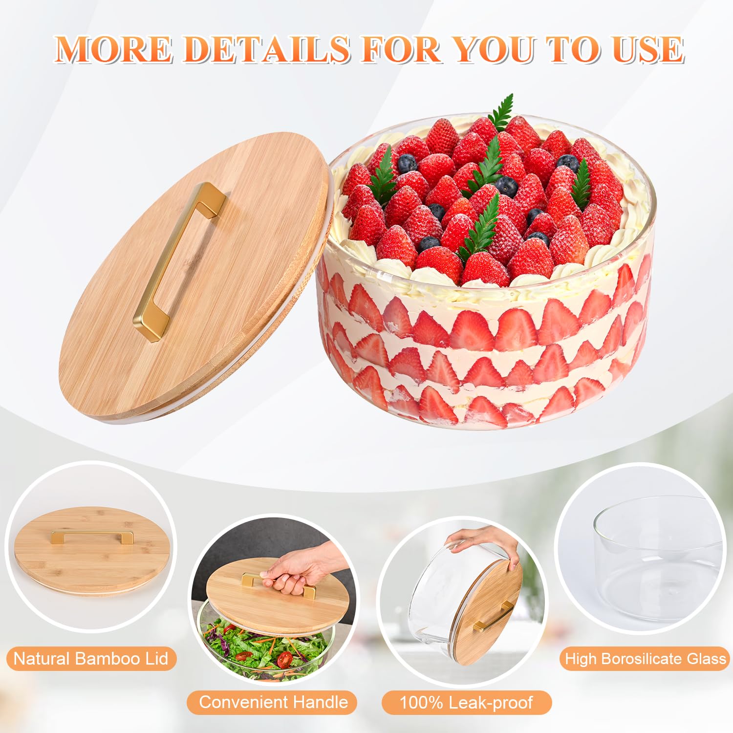 LOVYANXUE 9 inch Large Salad and Trifle Bowl Glass with Lid, 155 oz Versatile Mixing and Serving Dish for Fruit, Laying Ice Cream, Cake, Cupcake, Baking, and Dessert, Microwave Safe