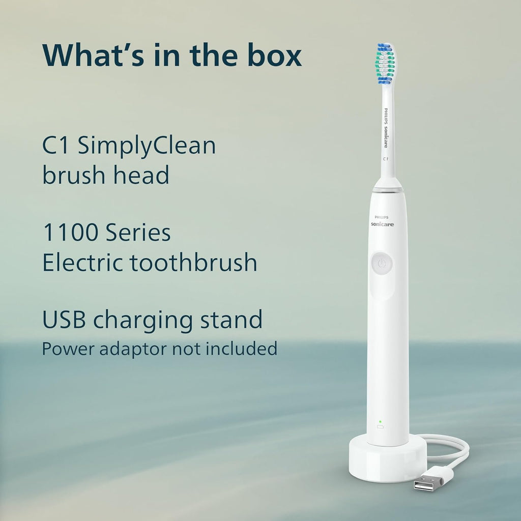 PHILIPS Sonicare 1100 Series Electric Toothbrush - Sonic Toothbrush with Advanced Sonic Technology, EasyStart, Smartimer & Quadpacer, White, Model HX3641/02