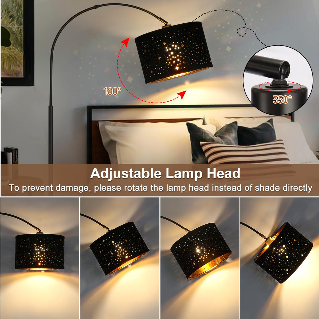 Rattan Floor Lamp, Arc Floor Lamps for Living Room, Farmhouse Standing Lamp with Adjustable Hanging Fabric Shade, Tall Pole Lamp with Foot Switch, Over Couch Arched Reading Light for Bedroom, Office