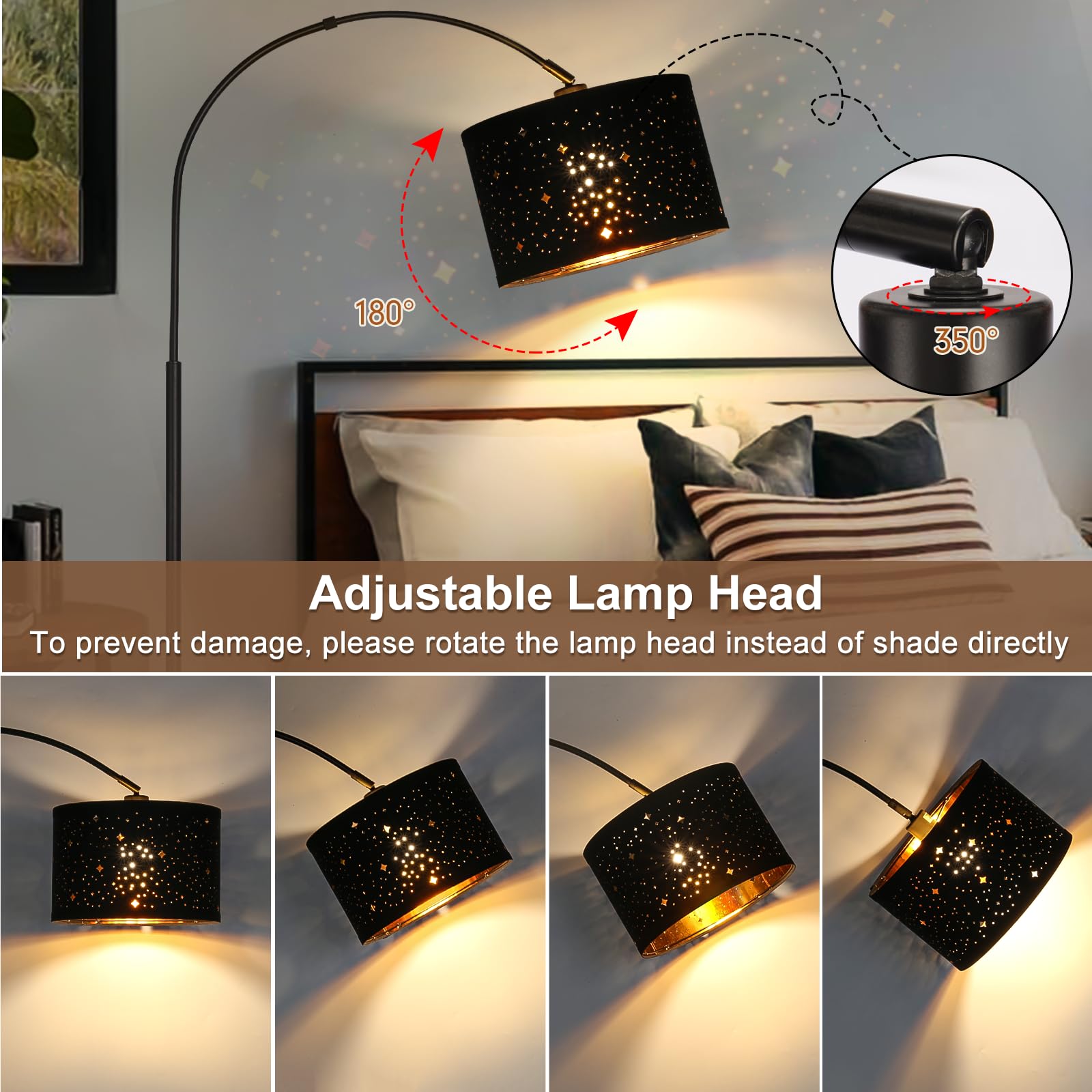 Rattan Floor Lamp, Arc Floor Lamps for Living Room, Farmhouse Standing Lamp with Adjustable Hanging Fabric Shade, Tall Pole Lamp with Foot Switch, Over Couch Arched Reading Light for Bedroom, Office