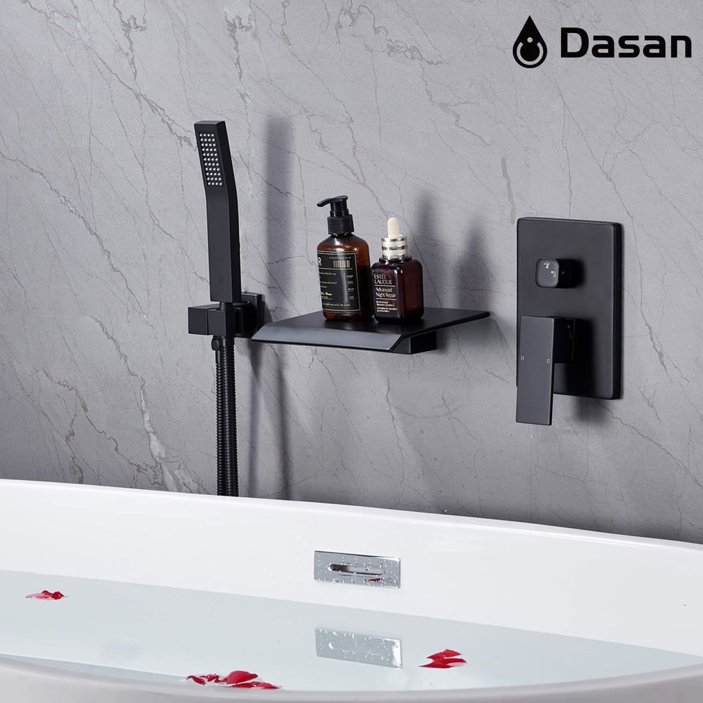 Upgraded Wall Mount Tub Filler Faucet with Handheld Shower, DASAN Modern Wall Mounted Bathtub Faucet Brushed Gold High Flow Waterfall Tub Faucet with Rough in Valve, SA-TF04WH-BG