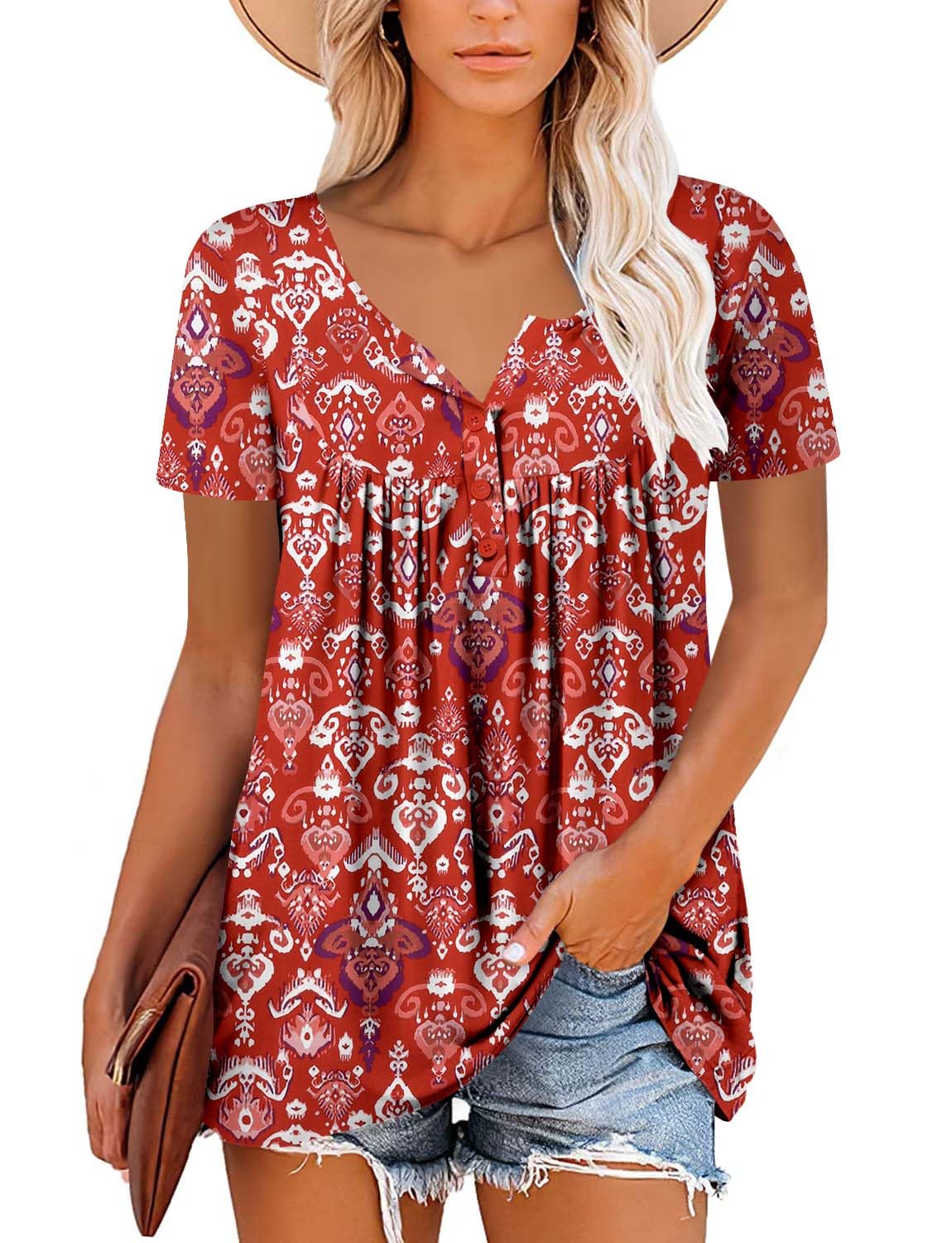Mystry Zone Womens Henley V Neck Casual Blouse Button Down T Shirts Flare and Flowy Tops