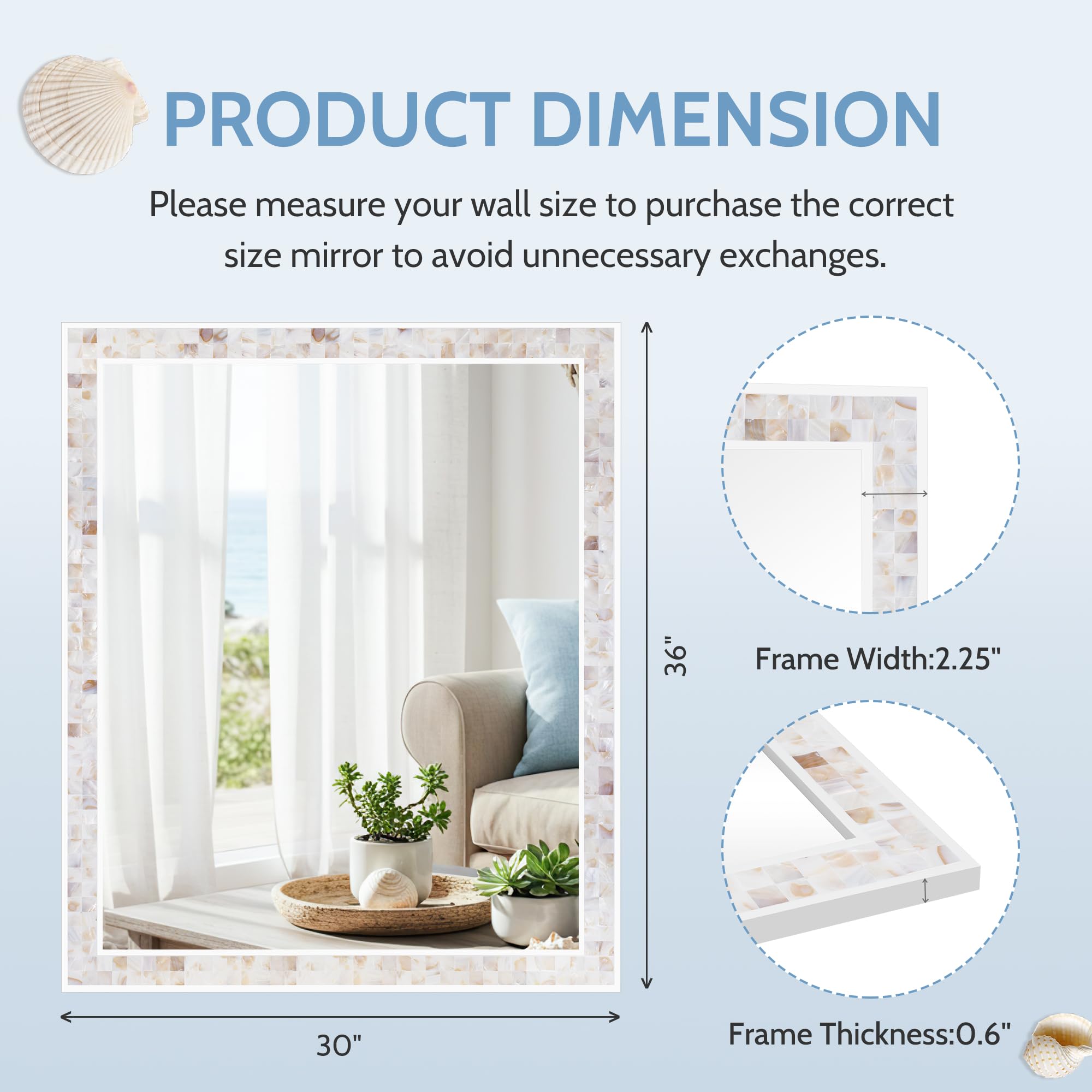 Tanmicoshomy Round Wall Mirror 24 Inch,Circle Mosaic Mirror with Natural Mother of Pearl and Wood Frame, Decorative Coastal Round Wall Mirror for Bathroom Bedroom Living Room Entryway