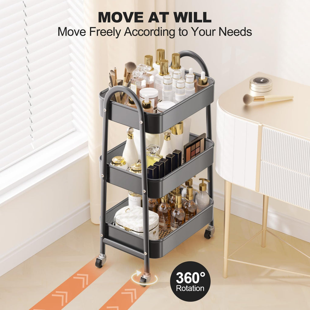 EAGMAK 3 Tier Rolling Cart, Large Metal Storage Cart with Handle and Lockable Wheels, Big Multifunctional Storage Organizer Trolley with Mesh Baskets for Kitchen, Living Room, Office, Garage (Beige)