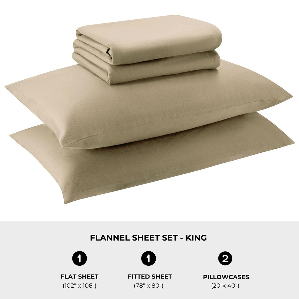 Featherhead 100% Cotton 4PCs Flannel Sheet Set | Double-Brushed for Extra Softness, Warm & Breathable, Extra Deep Pockets fits Up to 17” (Beige, Twin)
