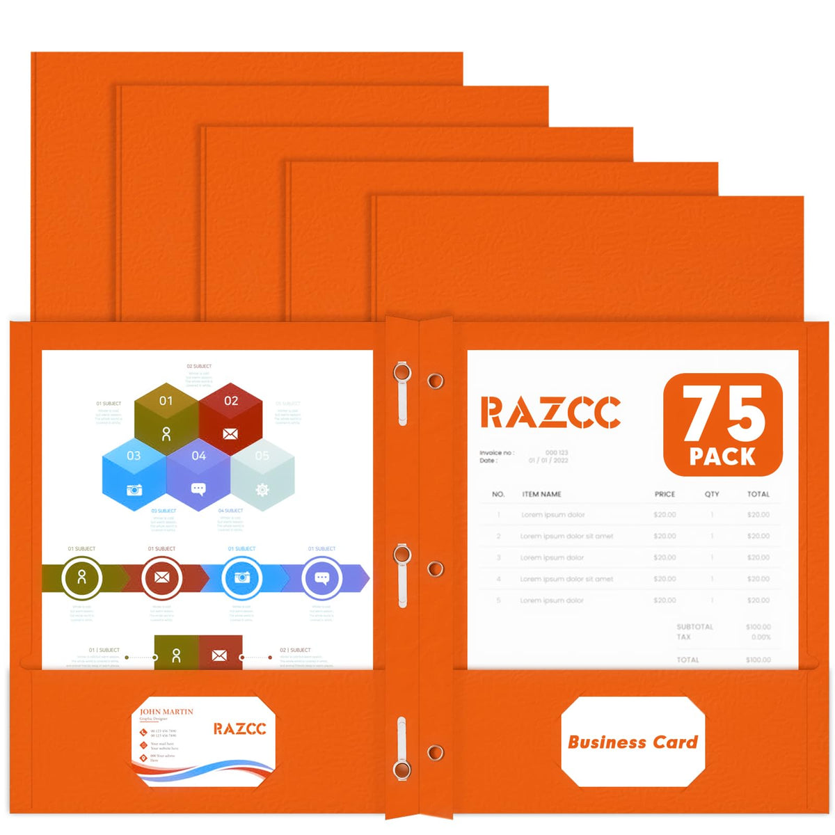 Two Pocket Folders, RAZCC 75 Pack Two Pocket Folders with Prongs, 3 Prong Pocket Folders Letter Size, Paper Folders with Prongs for School Office Home Business, Assorted 5 Colors