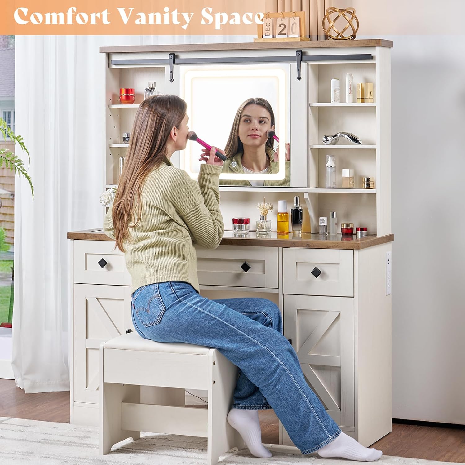 AMERLIFE 47.2" Farmhouse Vanity Desk with Mirror and Lights, Rustic Makeup Vanity Table with Charging Station, Vanity Set with Stool & Storage, LED Sliding Mirror & Glass Top, Antique White Finish