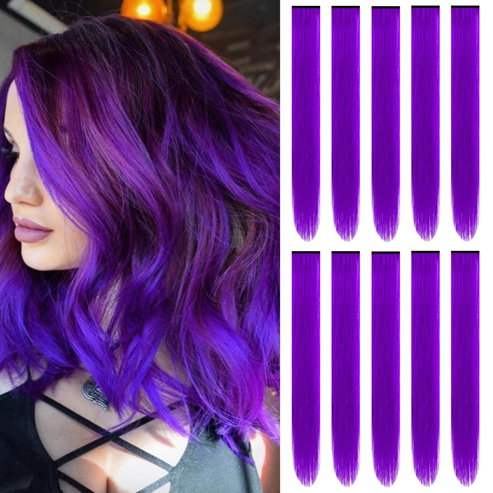 22 inch Colored Hair Extensions,Colorful Clip in Long Straight Synthetic Hair Extensions,Color Party Highlights Hairpieces for Women Girls Cosplay Styling(10 PCS Black)