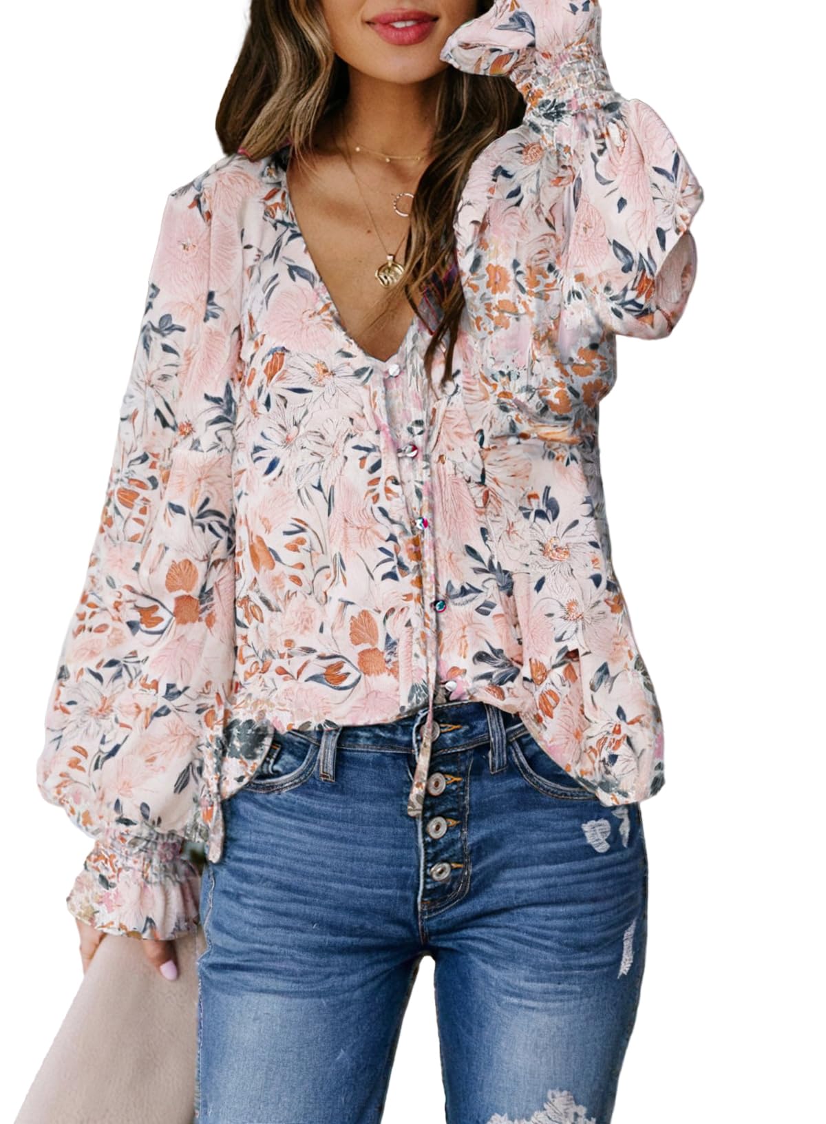 Biucly Women's Casual Boho Floral Print V Neck Long Sleeve Drawstring Tops Loose Blouses Button Down Shirts