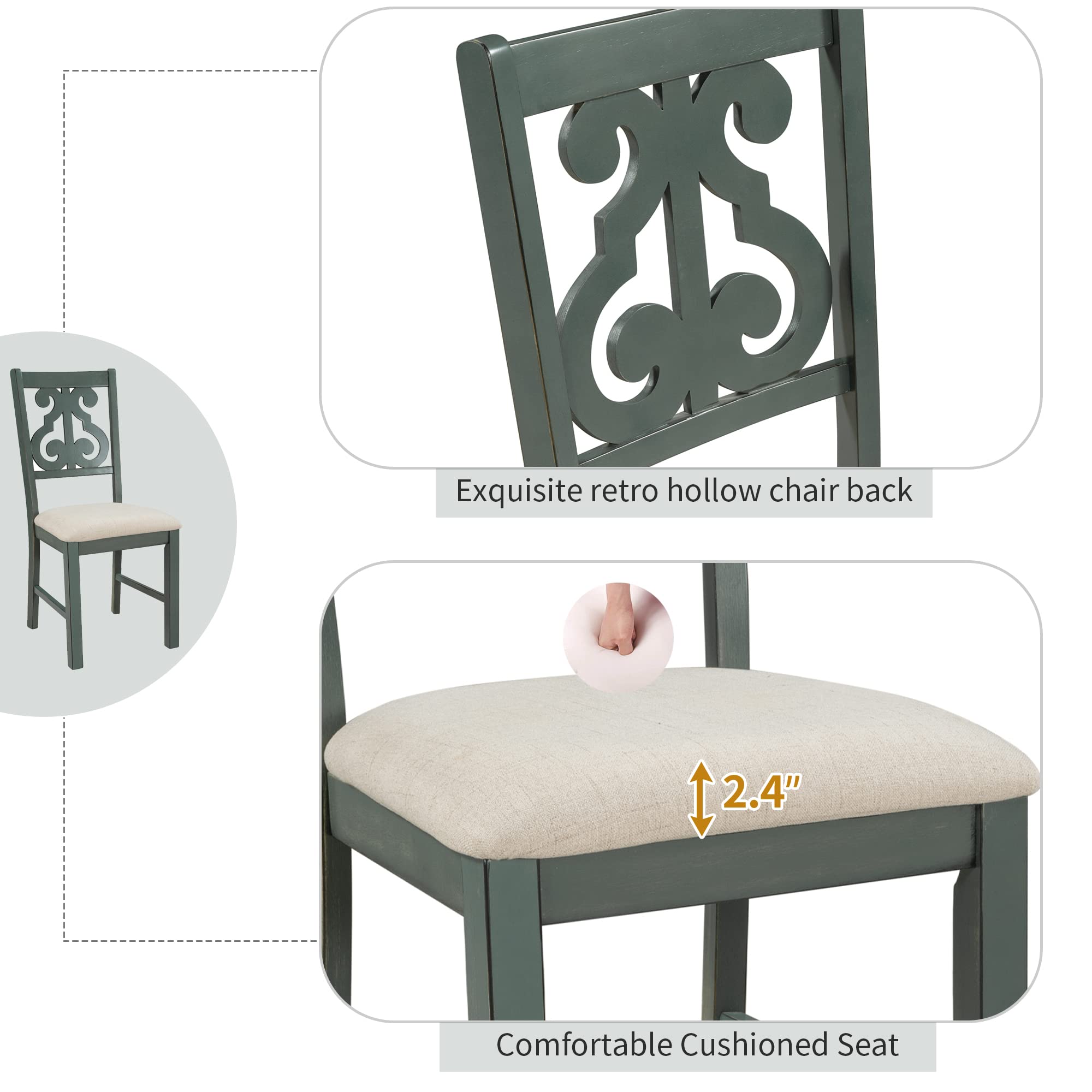 LUMISOL 5-Piece Dining Table Set for 4, Farmhouse Round Kitchen Table Set with Special Shaped Legs and 4 Upholstered Chairs for Kitchen, Dining Room, Small Space, Antique Blue