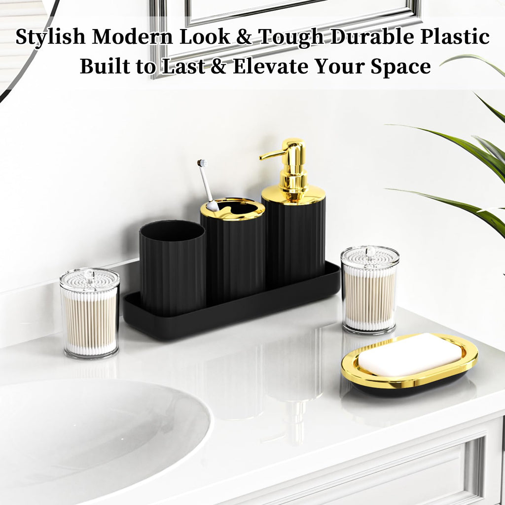 XLHOMO 24 PCS Black Bathroom Accessories Set with Shower Curtain and Rugs, Bathroom Decor Set with Trash Can, Toilet Brush, Soap Dispenser, Toothbrush Holder, Tumbler, Soap Dish and Jars