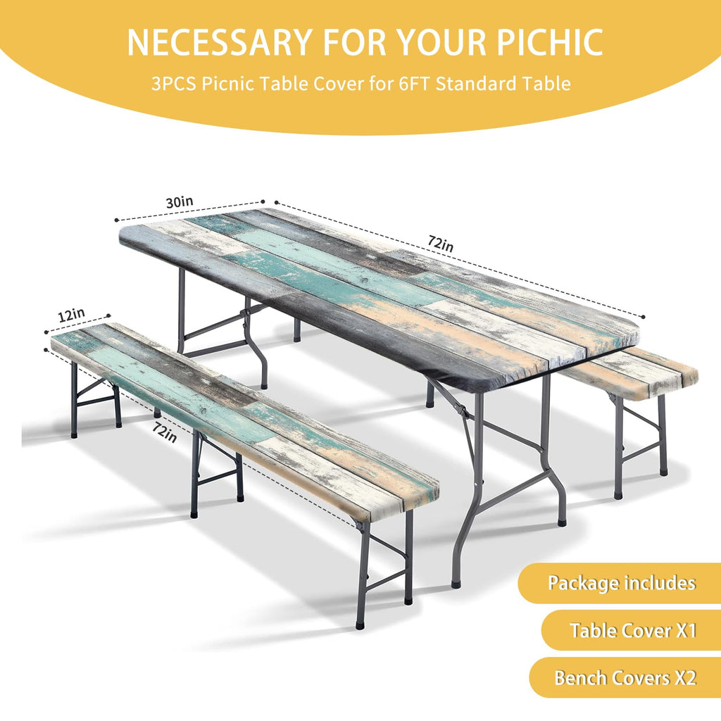 Park Picnic Table Cover with Bench Covers Lightweight Camping Essentials, Oil-Proof Waterproof 3PCS Tablecloth with Elastic, Fitted for Table 6FT Rectangle and Seats, American Flag Eagle (72x30in)