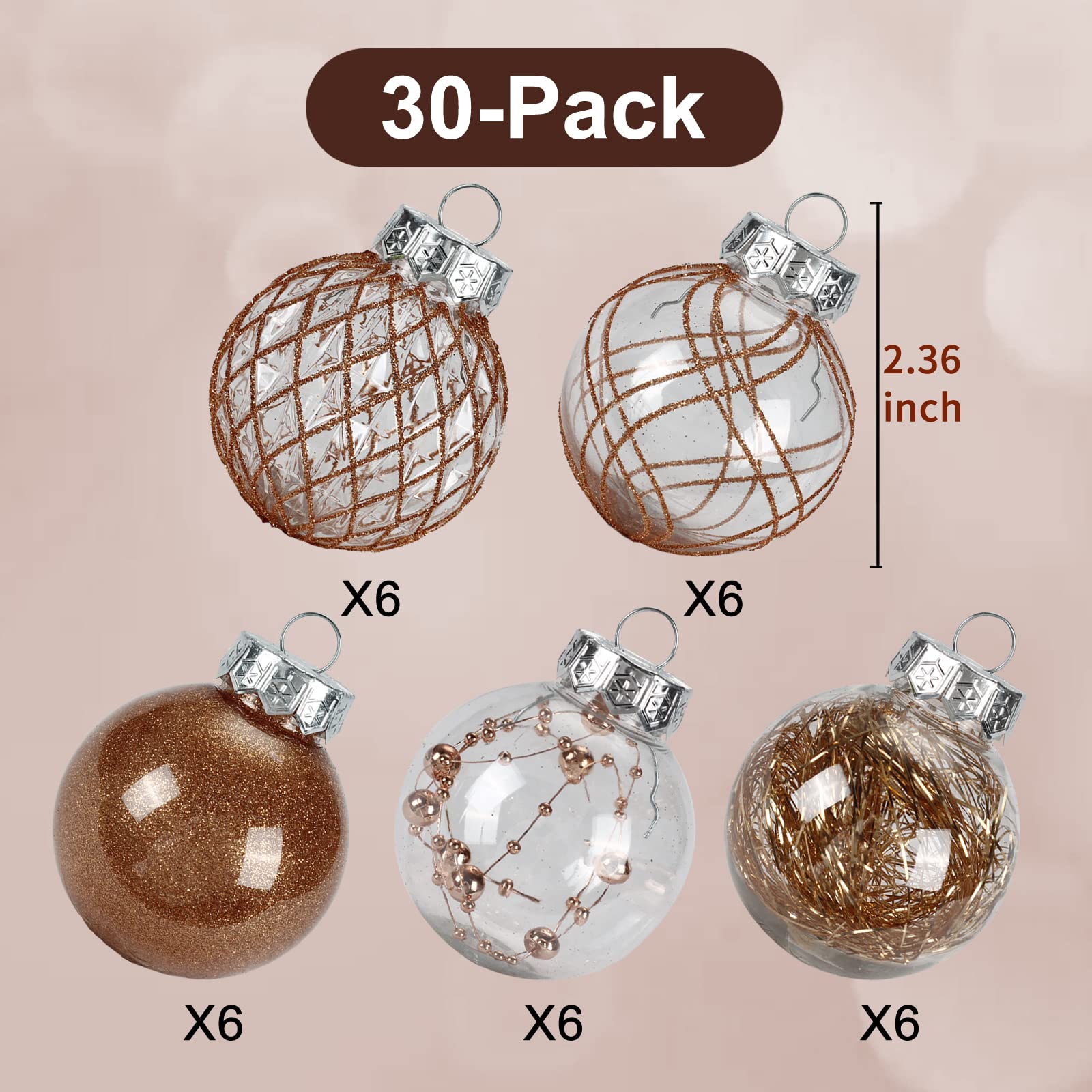 Clear Plastic Christmas Ball Ornaments, 30ct 2.36 Inch Champagne Balls for Tree Decoration - Shatterproof for Holiday Wedding Party Gifts