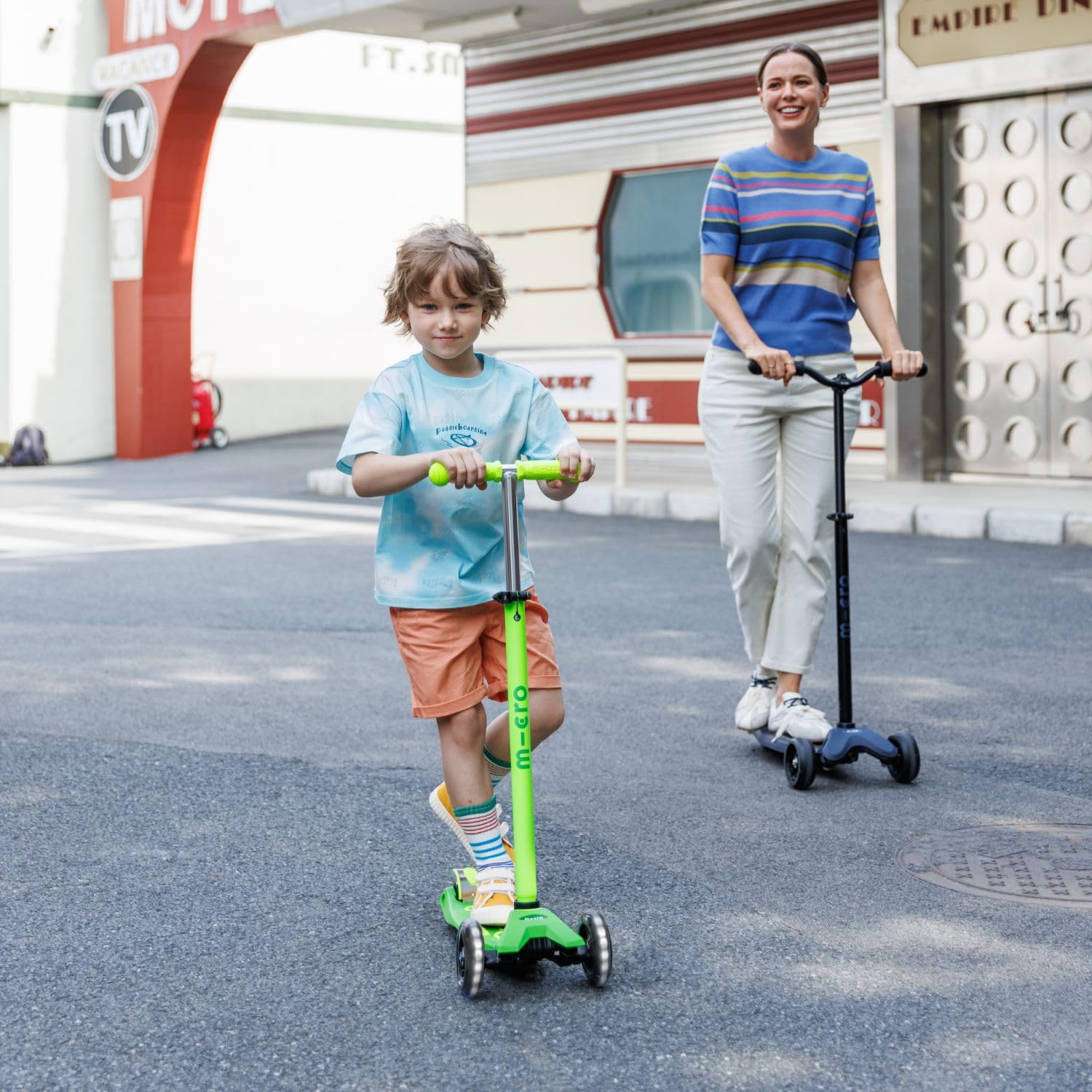 Micro Kickboard | Maxi Foldable LED Kids Scooter for Ages 5-12 | Children up to 110 lbs | 3 Wheel Lean-to-Steer Design | Adjustable T Bar | Smooth Ride, Motion Activated PU LED Wheels | Swiss Design