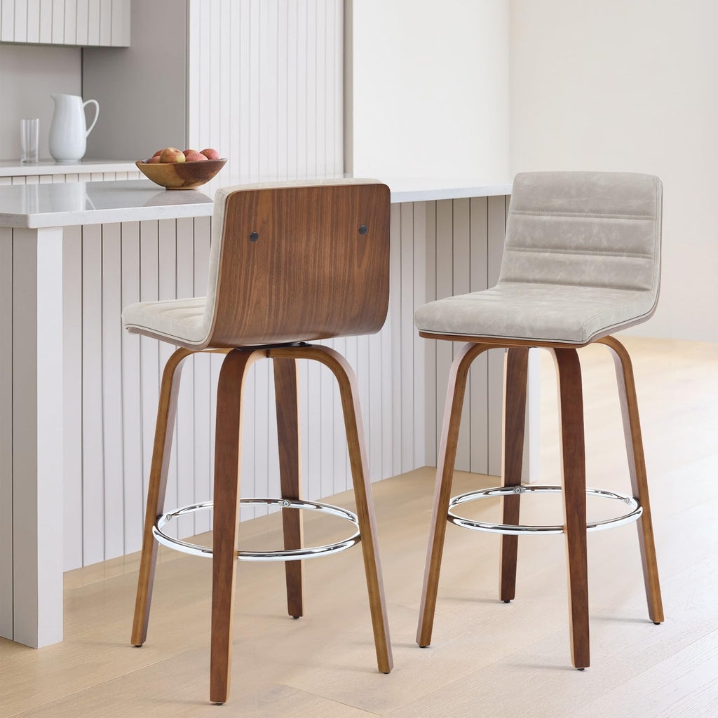 Bar Stools 29 Inch Bar Height, Swivel Bar Stools with Backs Upholstered PU Leather Barstool, L Shape Back and Padded Seat, Mid-Century Modern Bar Stool Pub Chairs for Kitchen Counter Island, Black