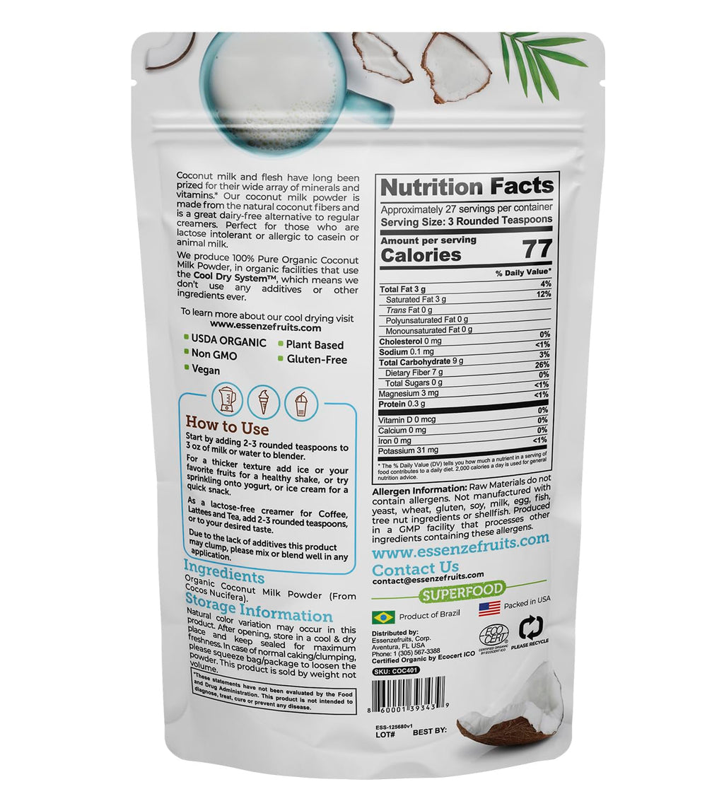 Essenzefruits Pure Organic Coconut Milk Powder - Premium Maltodextrin Free, No Sugar Added, Dairy Free, USDA Organic, Vegan, Keto & Paleo Friendly, No Additives, Pre Biotic Fibers, 27 Servings - 8 Oz