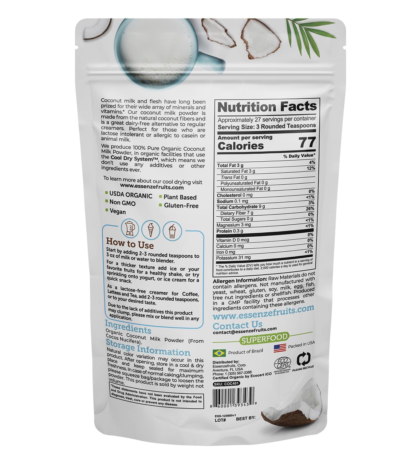 Essenzefruits Pure Organic Coconut Milk Powder - Premium Maltodextrin Free, No Sugar Added, Dairy Free, USDA Organic, Vegan, Keto & Paleo Friendly, No Additives, Pre Biotic Fibers, 27 Servings - 8 Oz