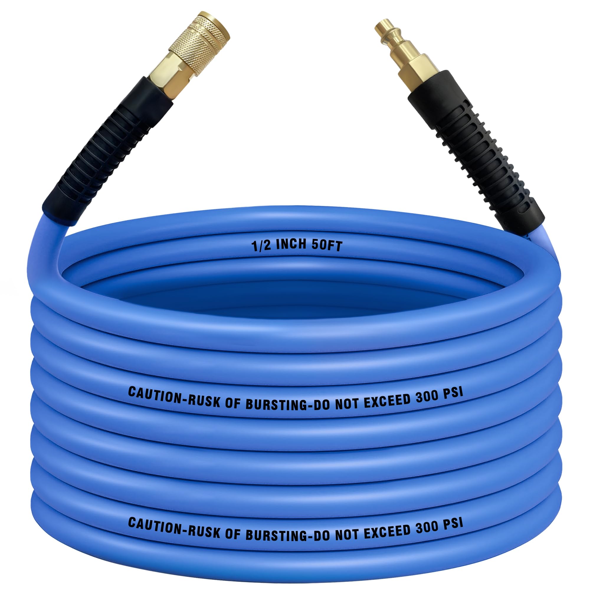 Air Compressor Hose 1/2 in, 300 PSI Heavy Duty Hybrid Air Hose with Quick Coupler and Plug Kit, Lightweight, Kink Resistant, All Weather Flexibility with Bend Restrictors, 6 Feet