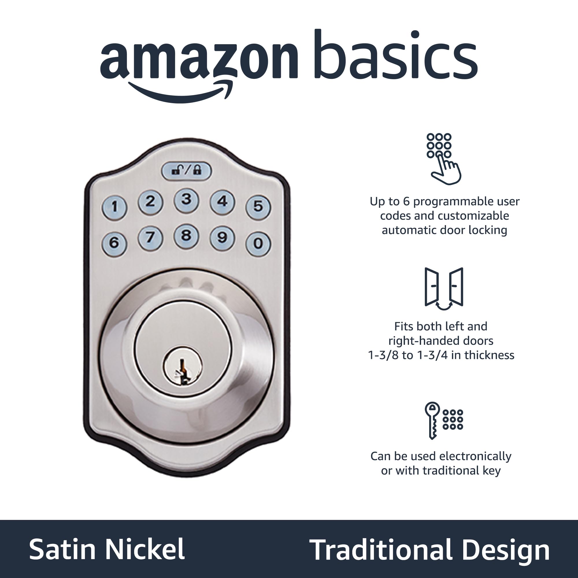 Amazon Basics Electronic Keypad Deadbolt Door Lock with Auto Lock, Touch-Control Keyless Entry, Customizable User Codes, Traditional Design, Matte Black, 1-Pack