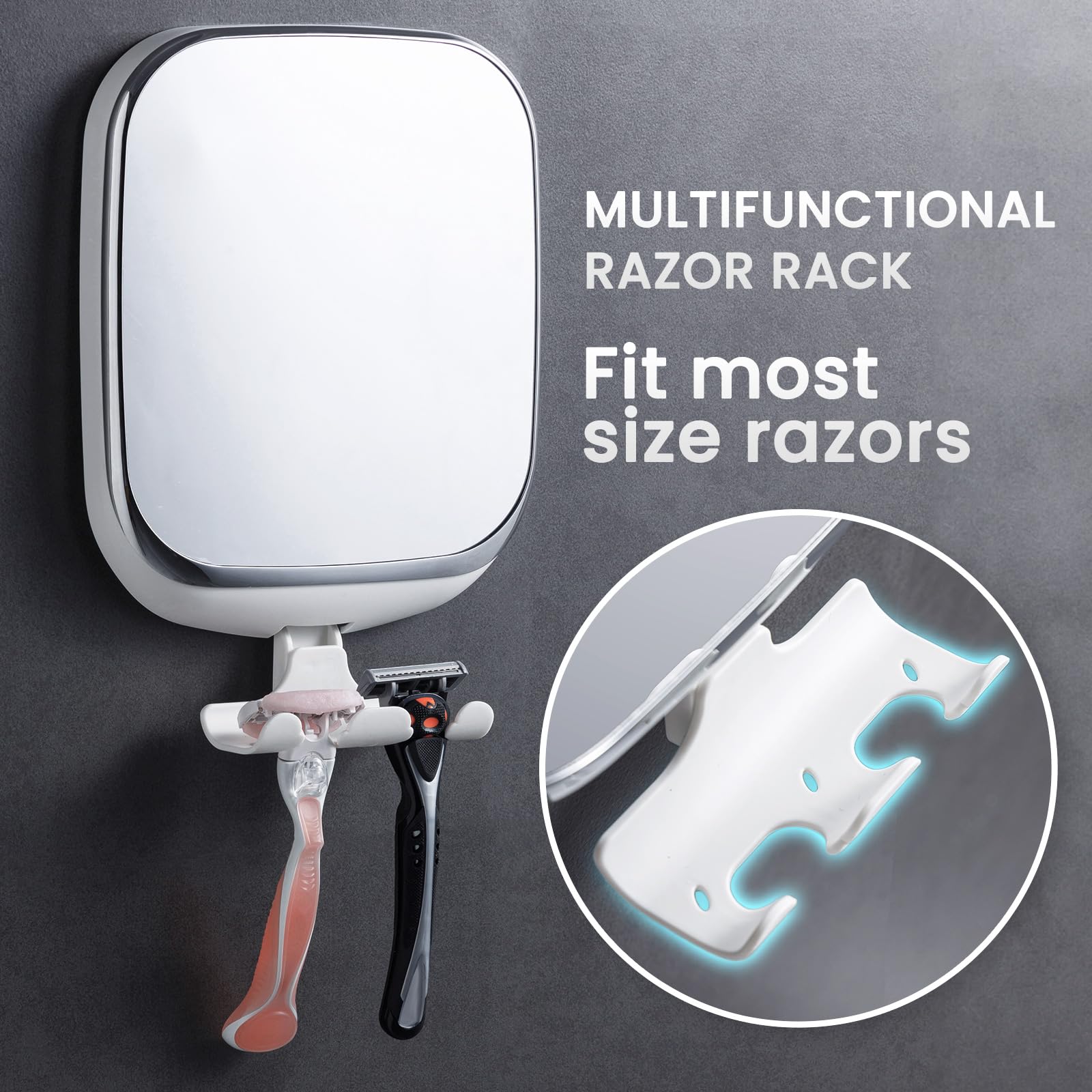 TAILI Shower Mirror Fogless for Shaving | Shower Mirror Fogless, Shaving Mirrors, Suction Cup, Removable & Reusable, Razor Holder Storage, Bathroom Accessories K9