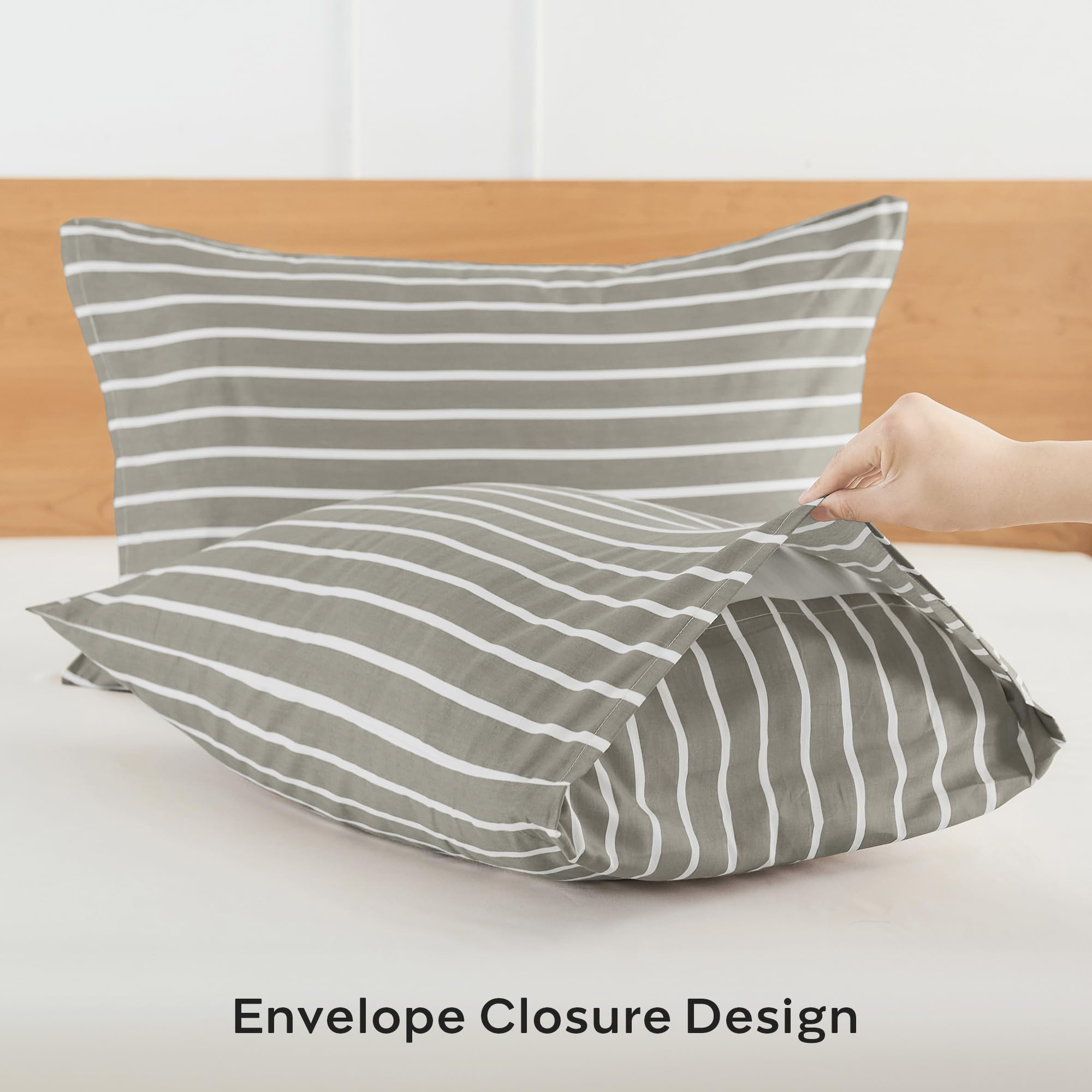 JELLYMONI Cotton Striped Pillowcases Set of 2, Sage Green, Standard | Soft breathable feel, Envelope closure, 400TC cotton, Machine washable, Gentle on skin