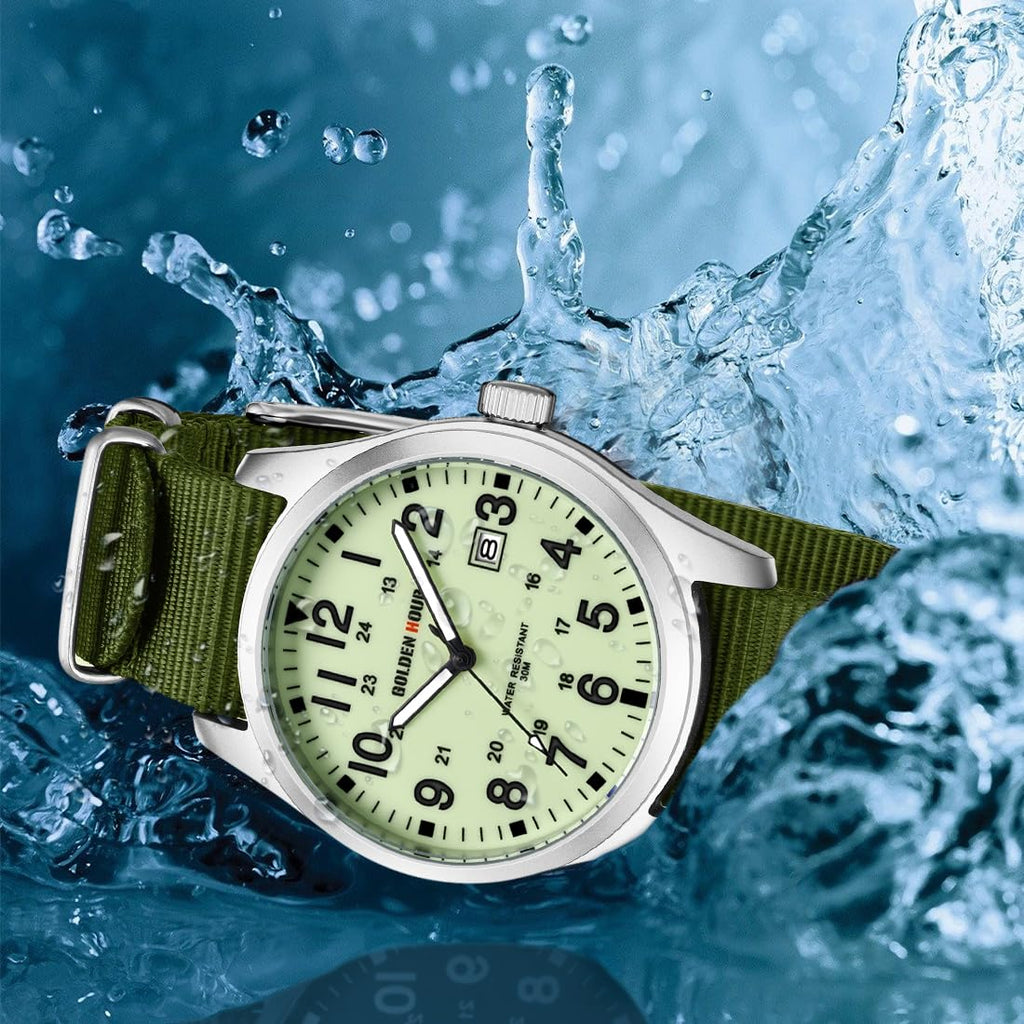 GOLDEN HOUR Men's Nylon Slip-Thru Strap Watch with Military Time Easy Read Dial Glowing Hands