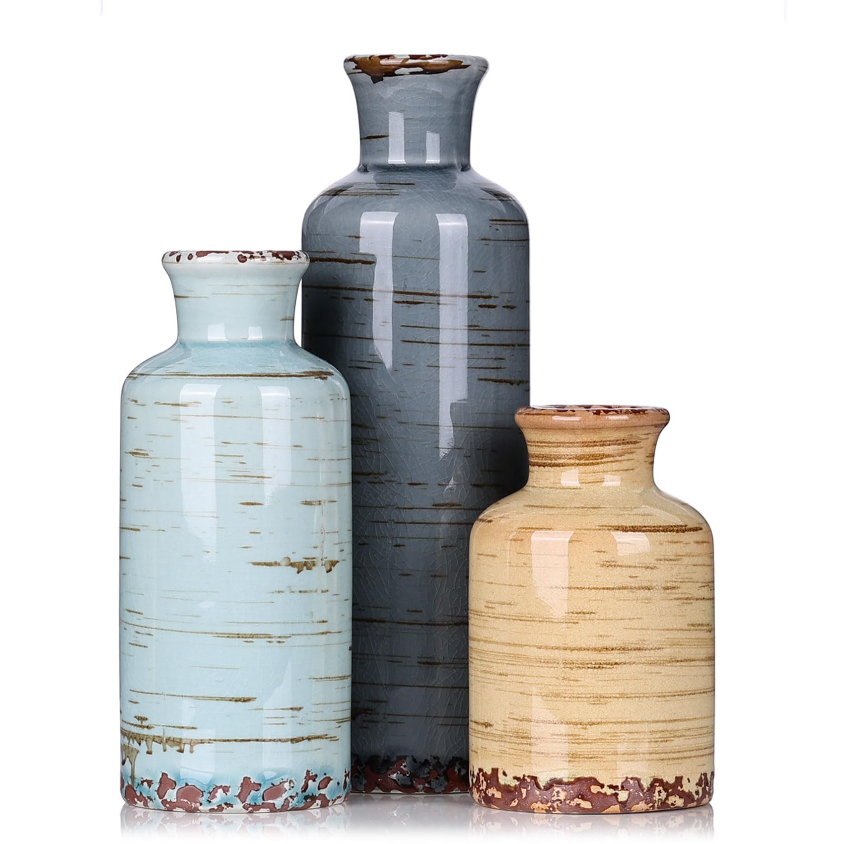 Ceramic Vase Set - 3 Ceramic Small Vases, Farmhouse Country Flower Vase Home Decor, Living Room Decoration, Table Decoration, Fireplace Decor, and Entrance Decorations Centerpieces