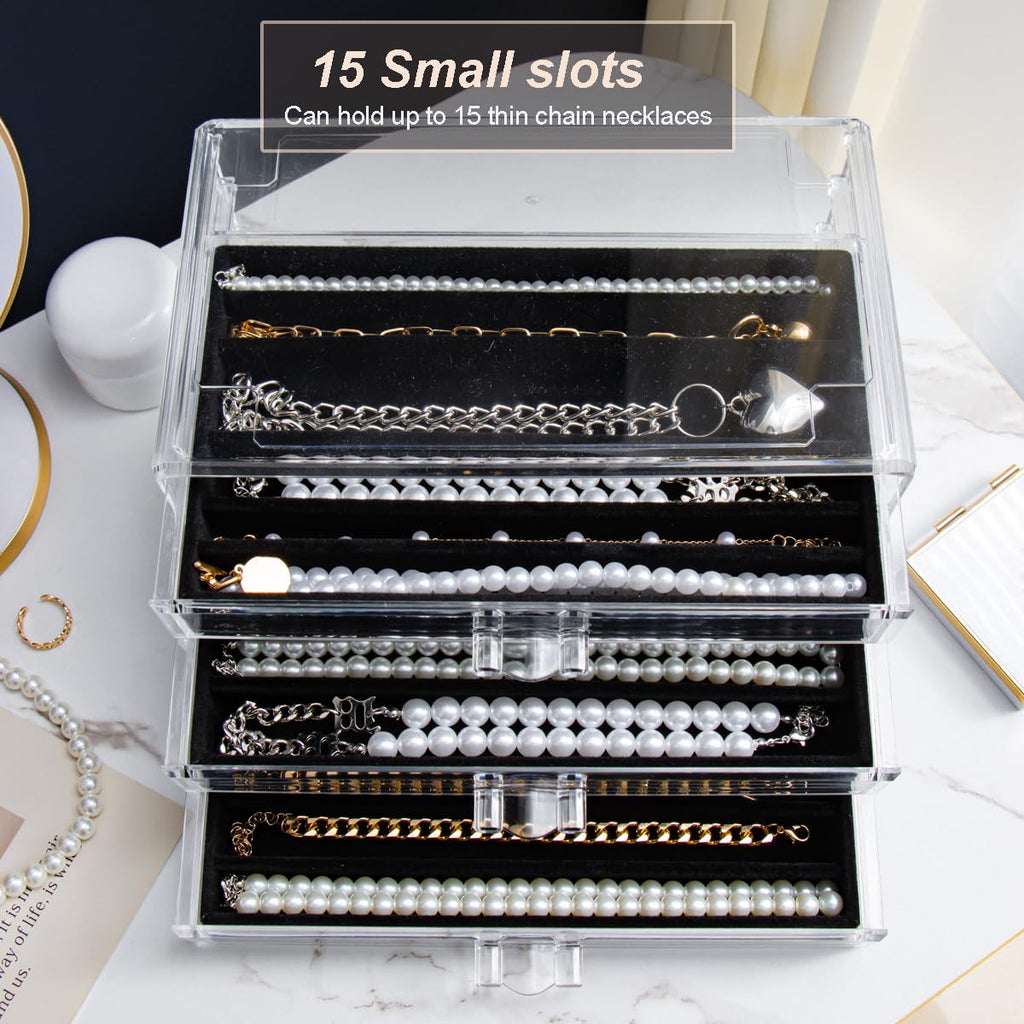 YUFONG Necklace Holder Organizer, Dustproof Necklace Box Velvet Necklace Organizer Box with Lid Clear Acrylic Dustproof Stackable Jewelry Displays for Necklaces Chain Display (Beige, 3 Drawer)