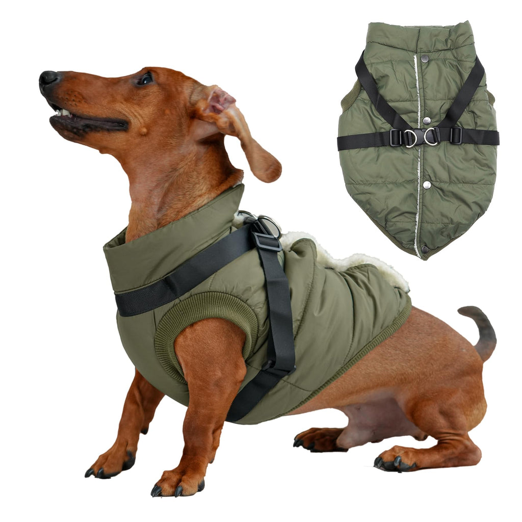 JoyDaog Dog Jacket with Harness,Fleece Lined Warm Puppy Coat for Winter,Soft Windproof Small Dog Vest,Green XS